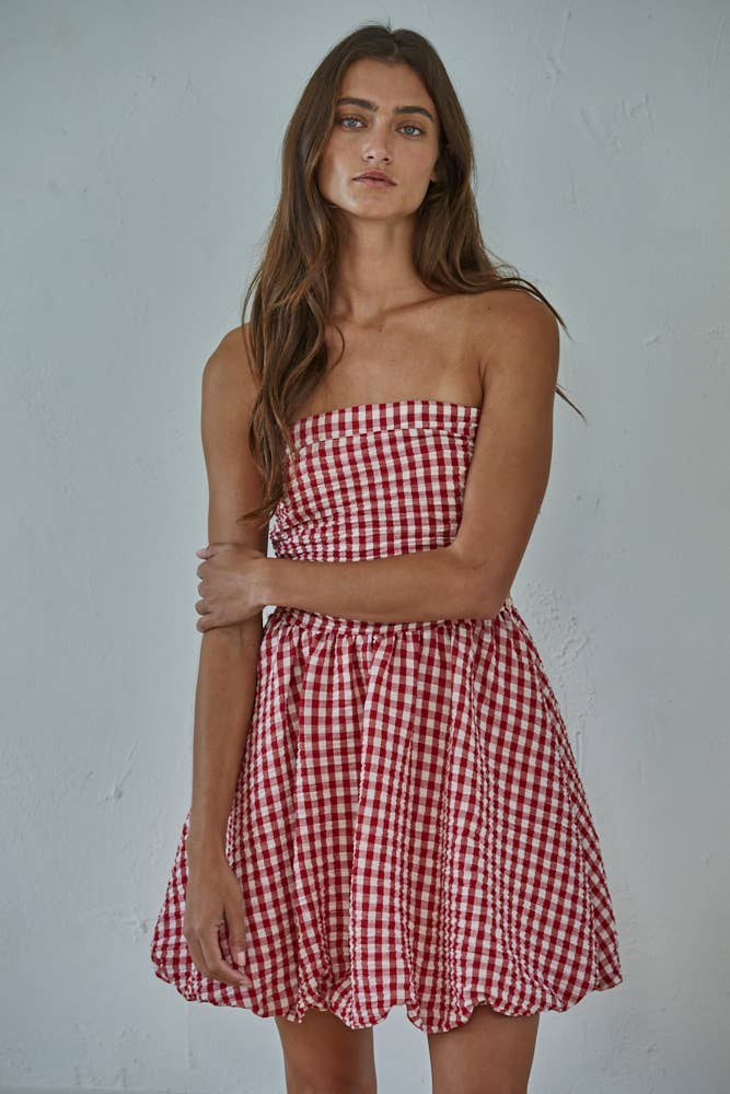 Gingham Print Tube Mini Dress - Red