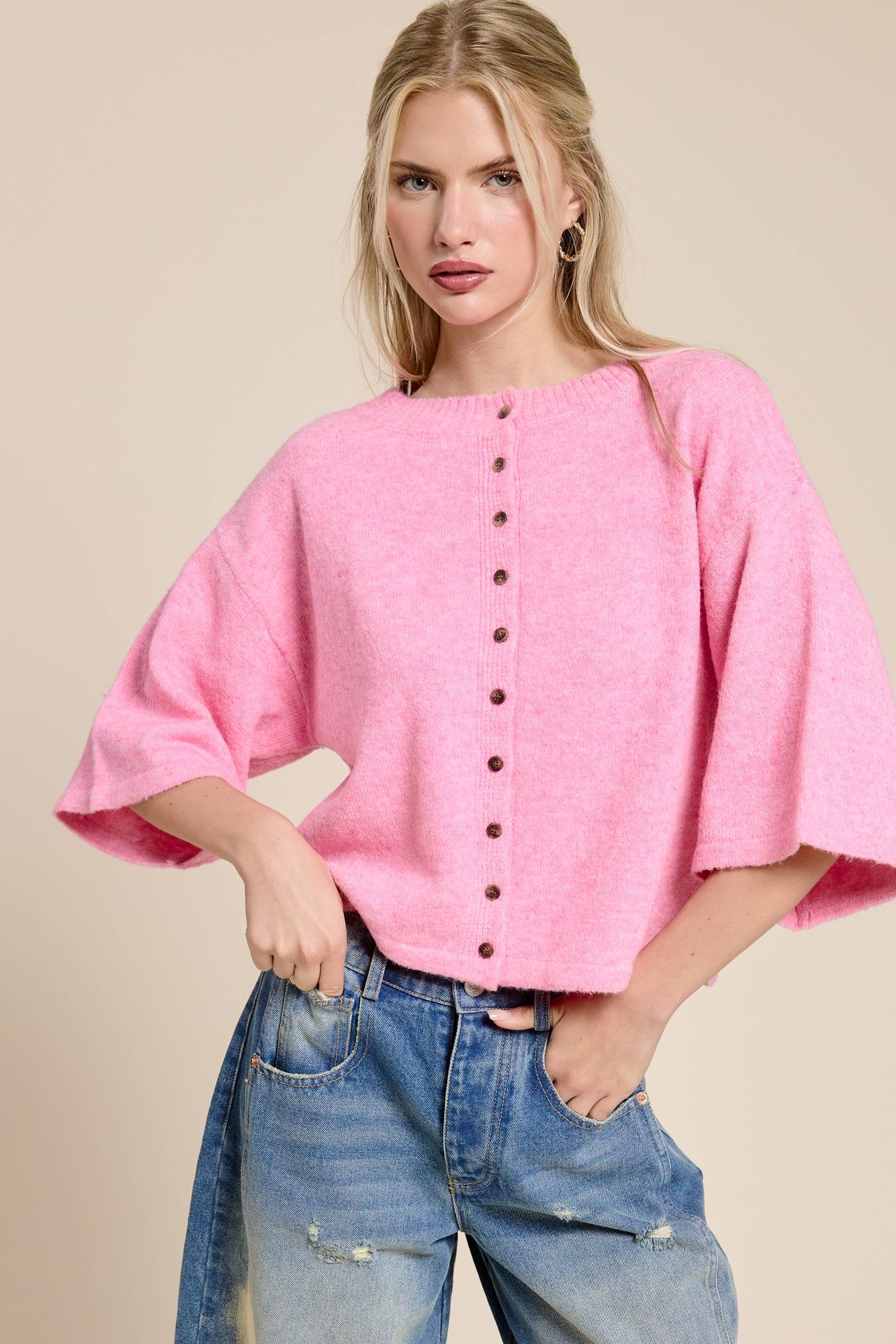 Short Sleeve Knit Cardigan - Pink