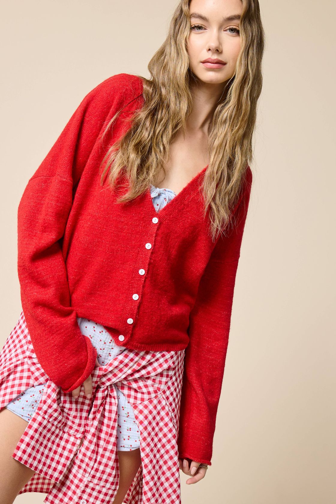 Carolyn V-Neck Cardigan - Red