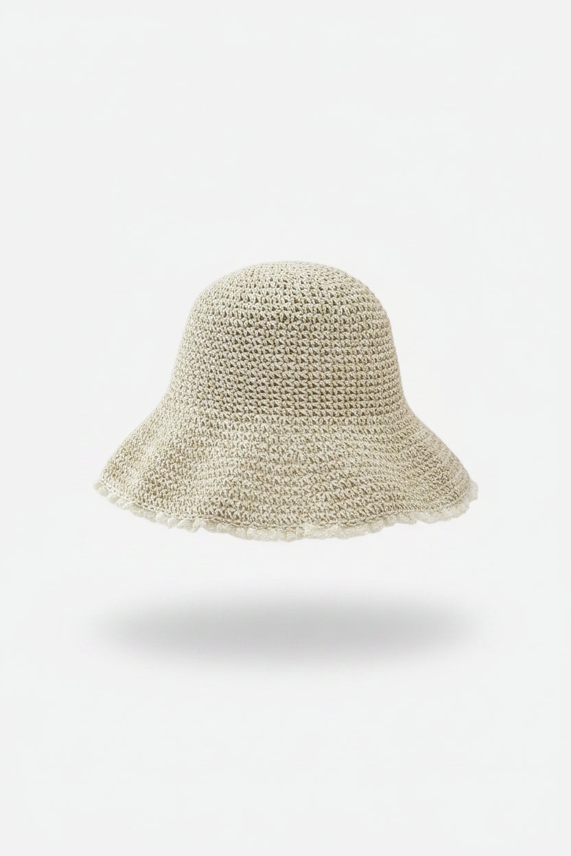 Elegant Lace Trim Solid Color Straw Bucket Hat