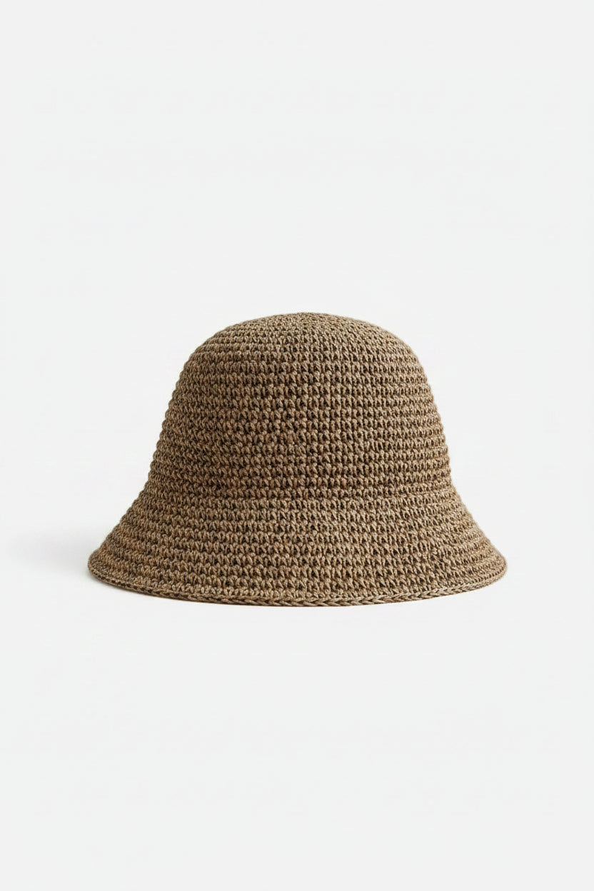 Foldable Raffia Straw Bucket Hat-Khaki