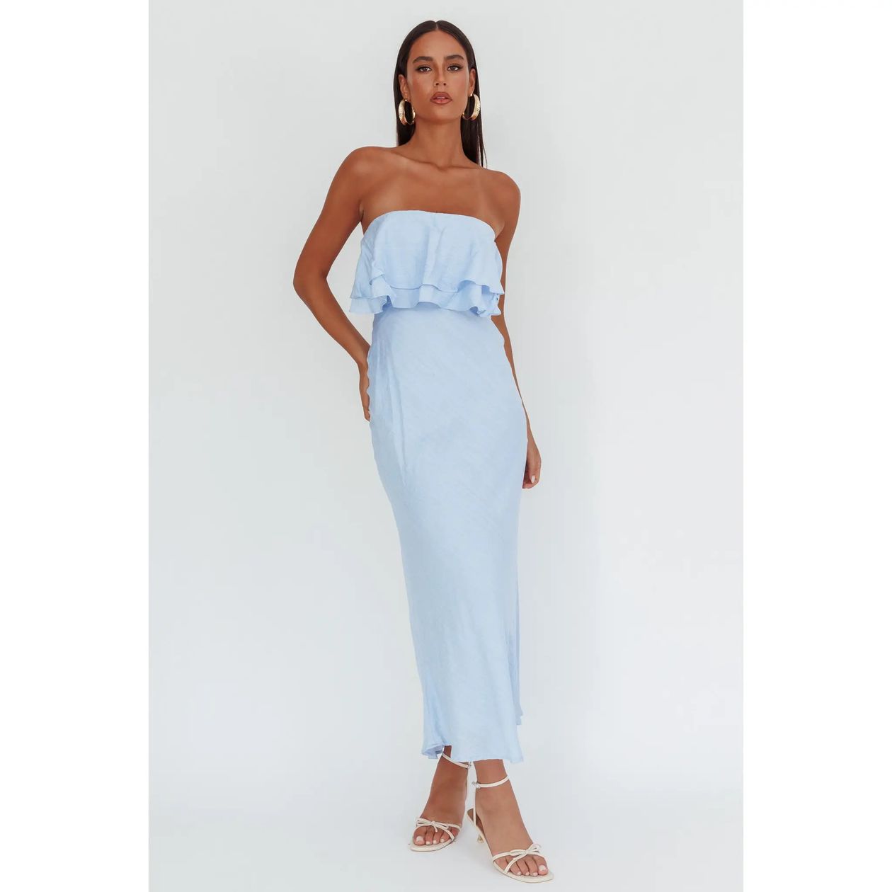 Baby Blue Strapless Ruffle Maxi Dress