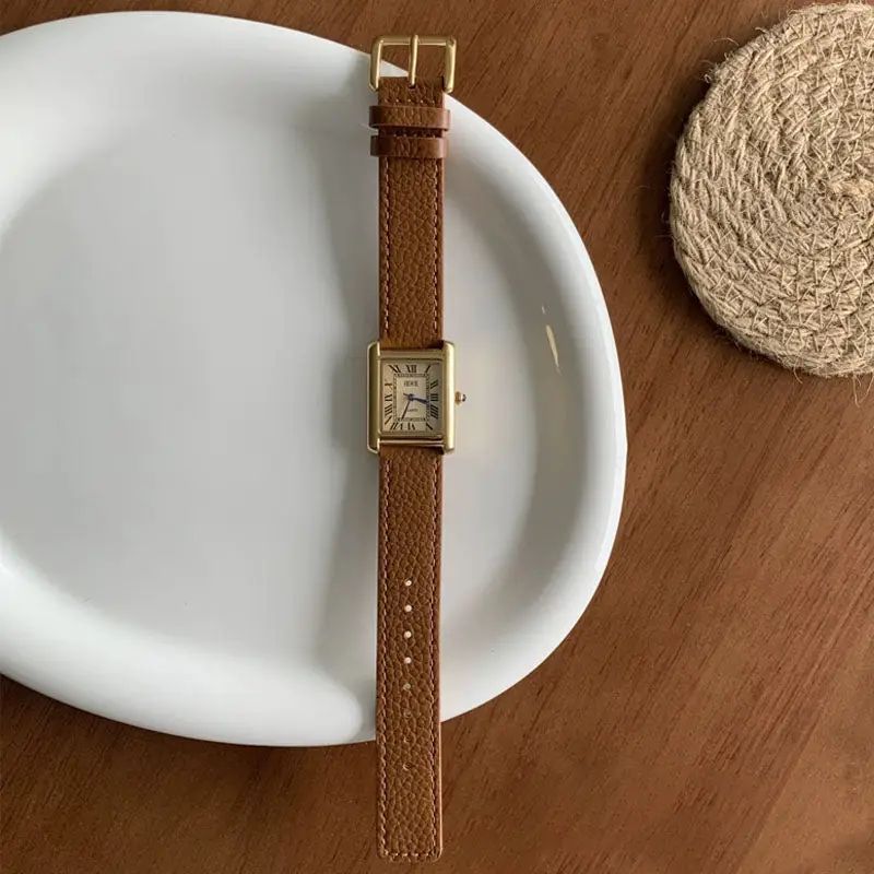 Leather Strap Square Watch - Brown