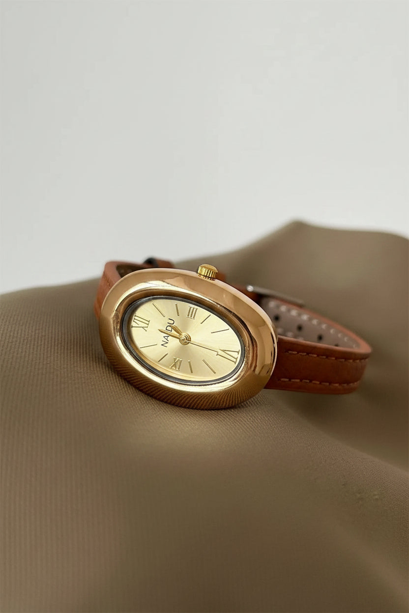 Leather Strap Vintage Oval Watch - Brown