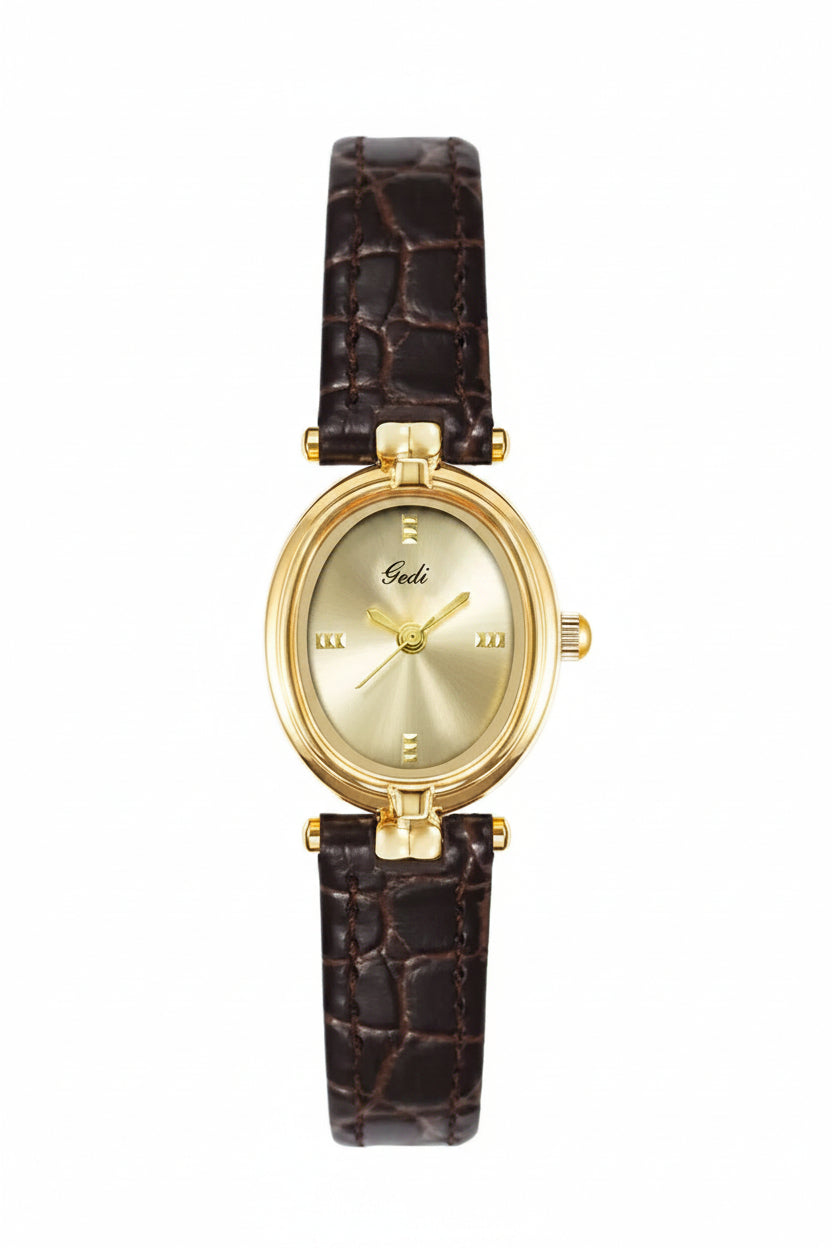 Leather Strap Oval Watch - Coffee