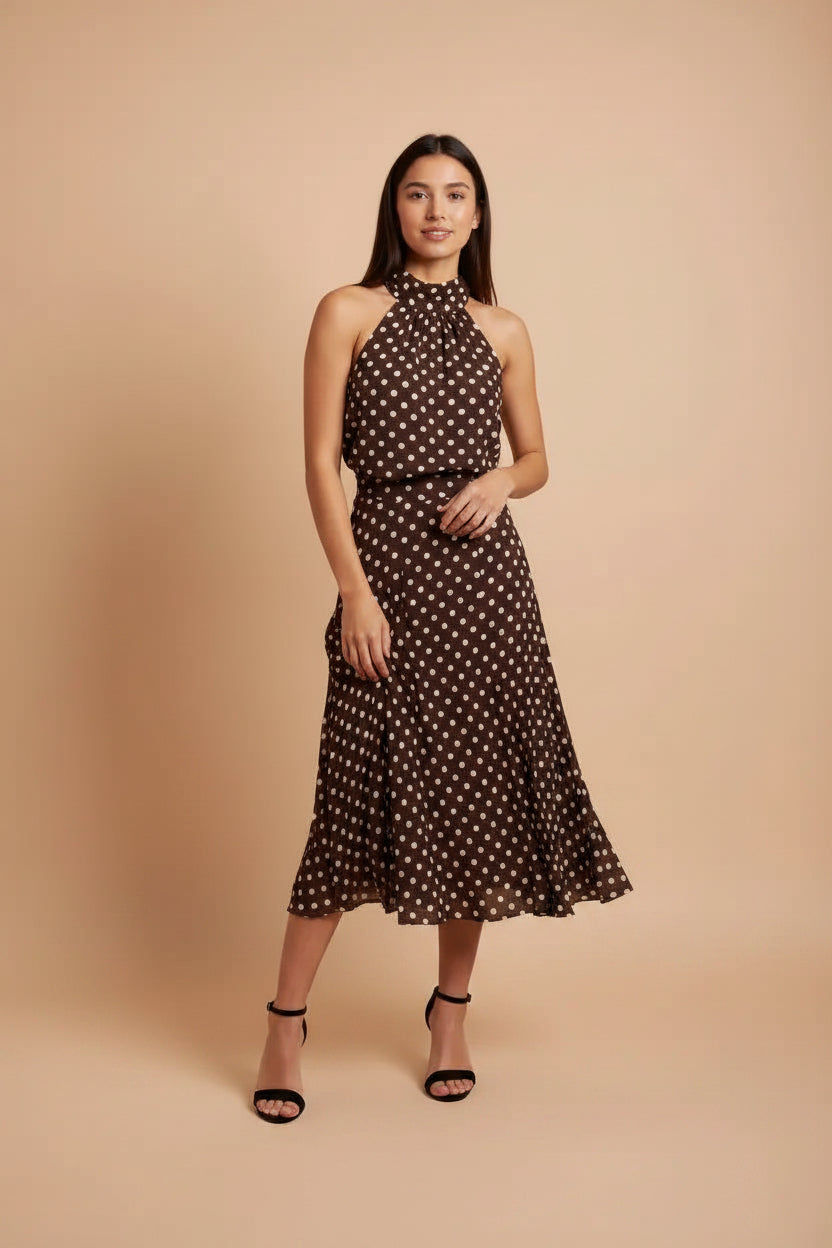 Polka Dot Pleated Chiffon Midi Skirt