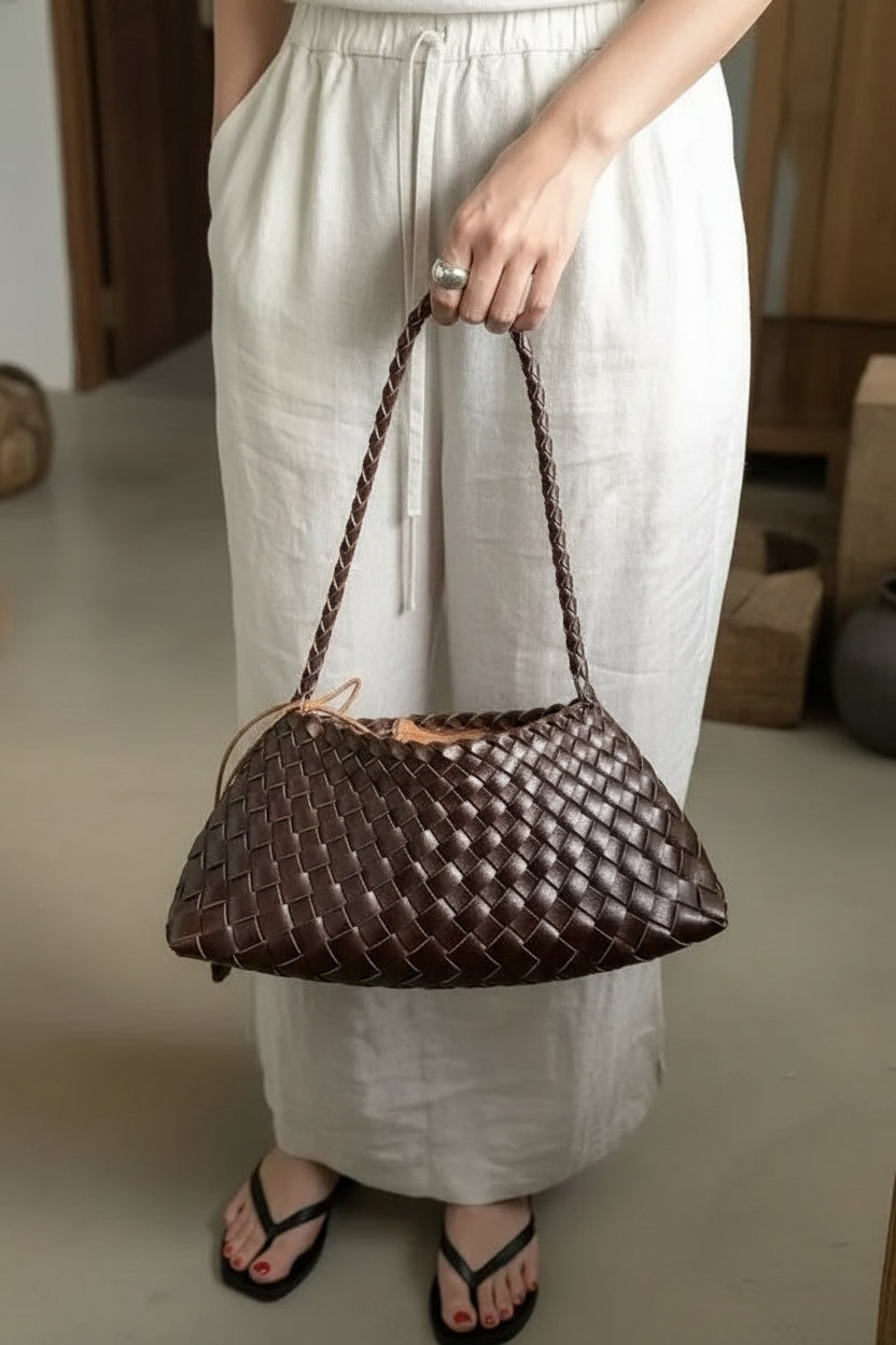 Woven Leather Shoulder Bag - Brown