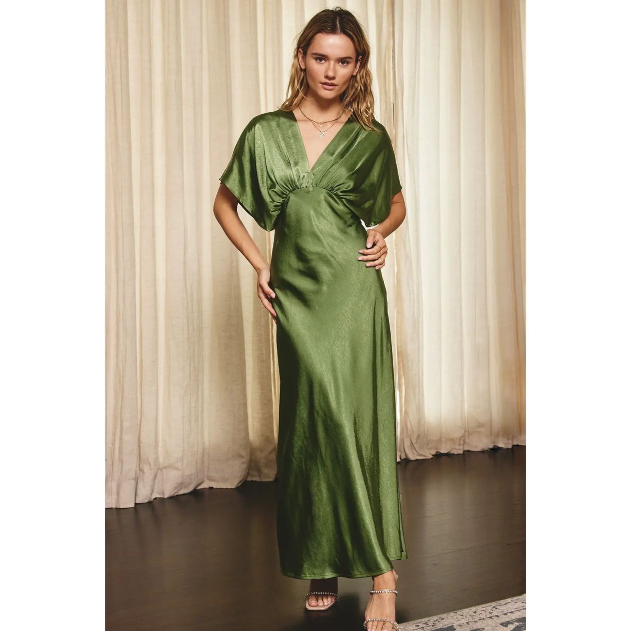 Satin Blouson Maxi Dress - Green