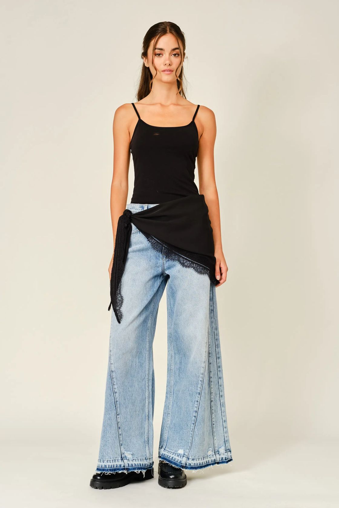 Lace Trim Knotted Scarf - Black
