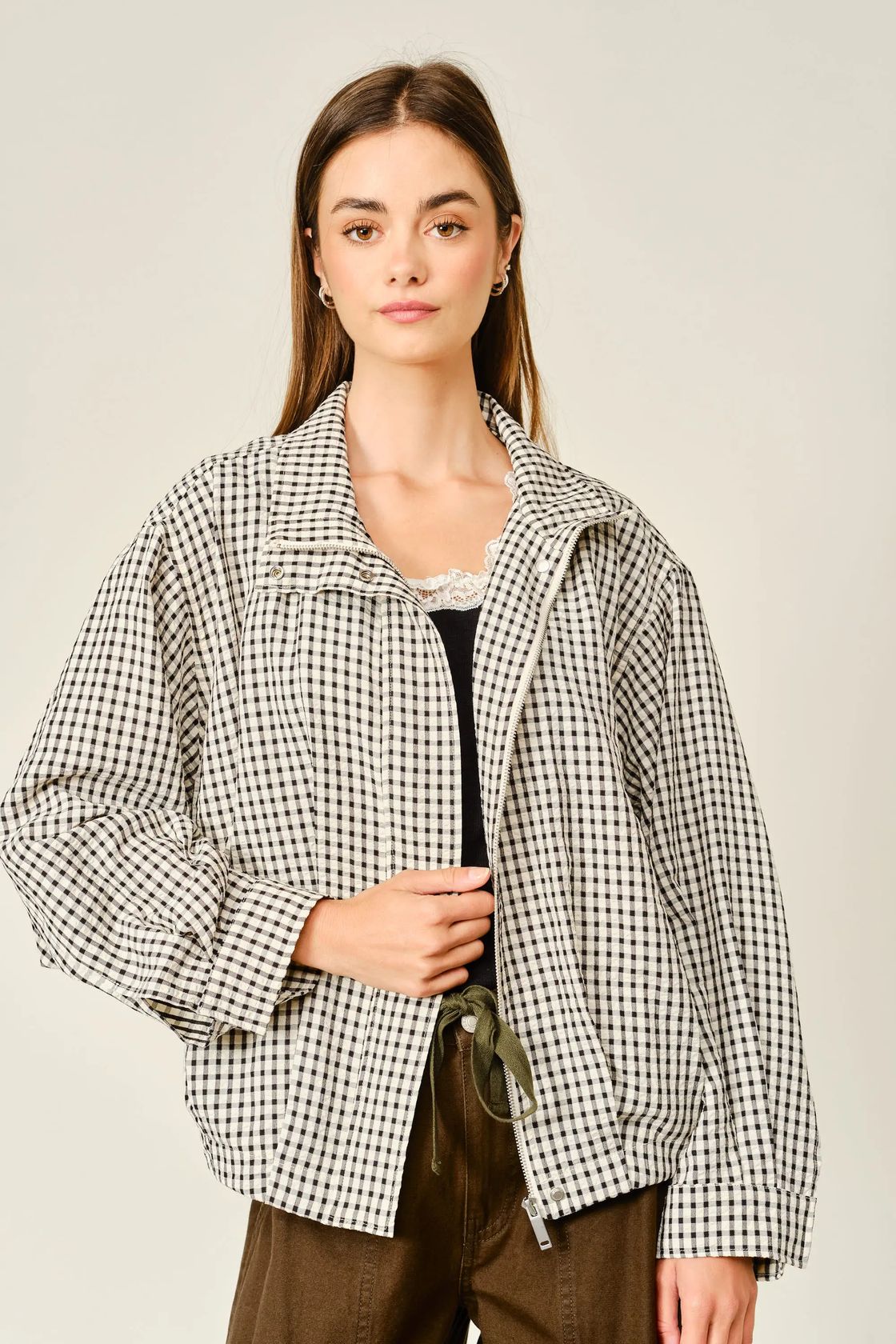 Plaid Funnel Neck Bomber Jacket