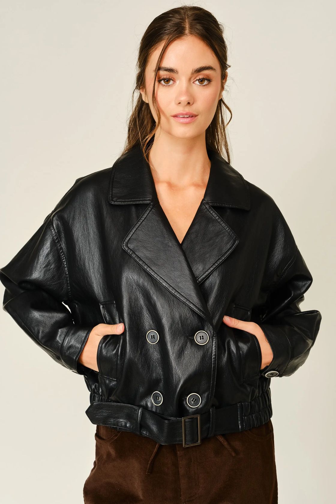 Cropped Leather Trench Coat