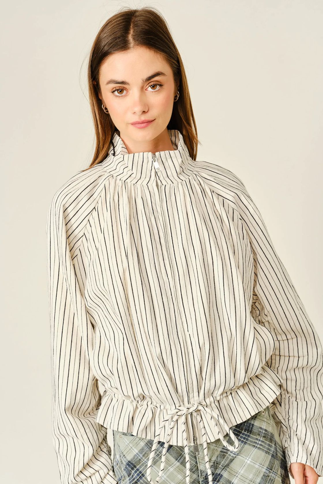 Pinstripe Funnel Neck Balloon Jacket