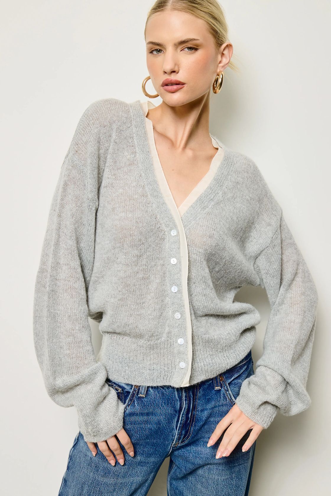 Chiffon Trim V-neck Cardigan - Grey