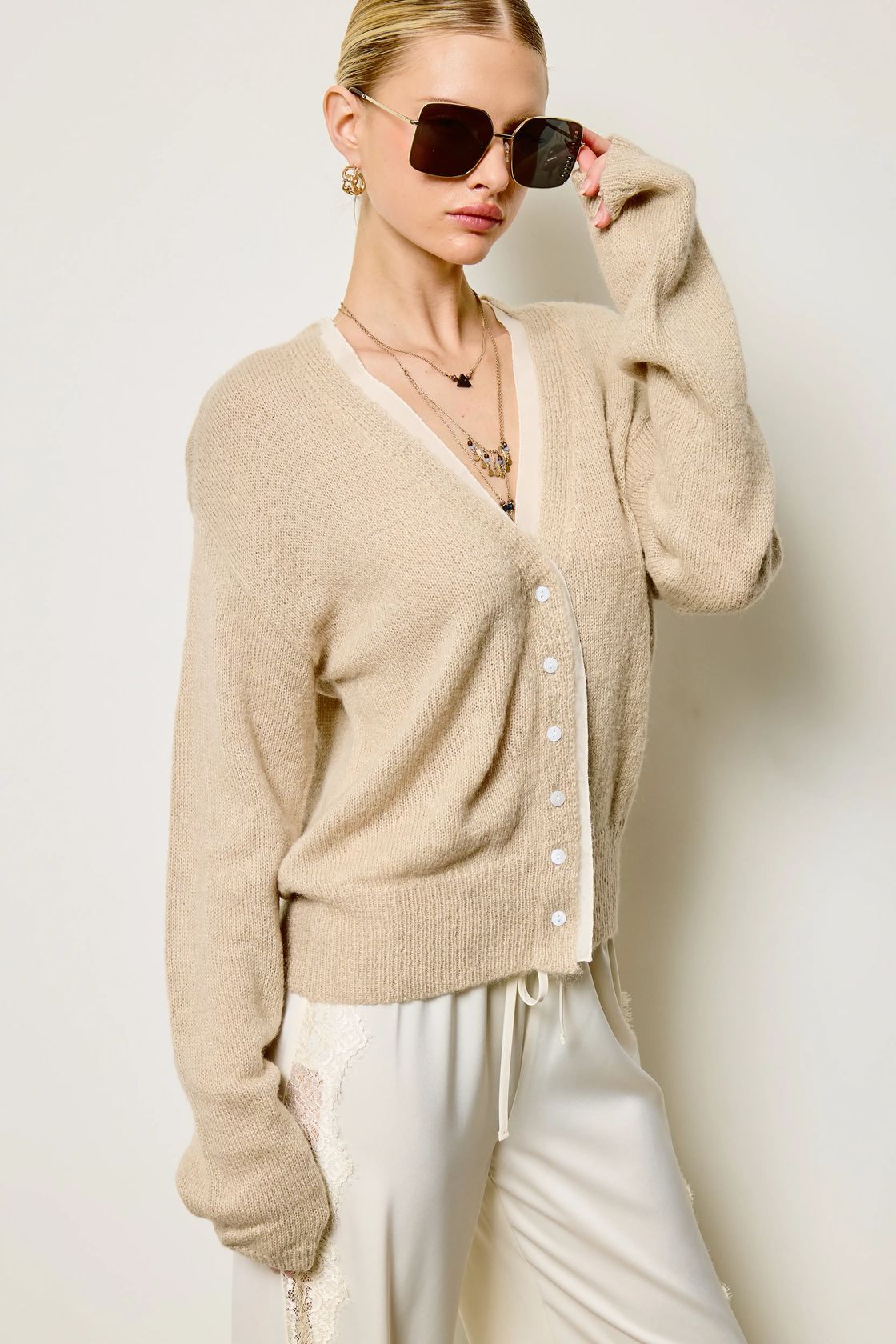 Chiffon Trim V-neck Cardigan - Stone