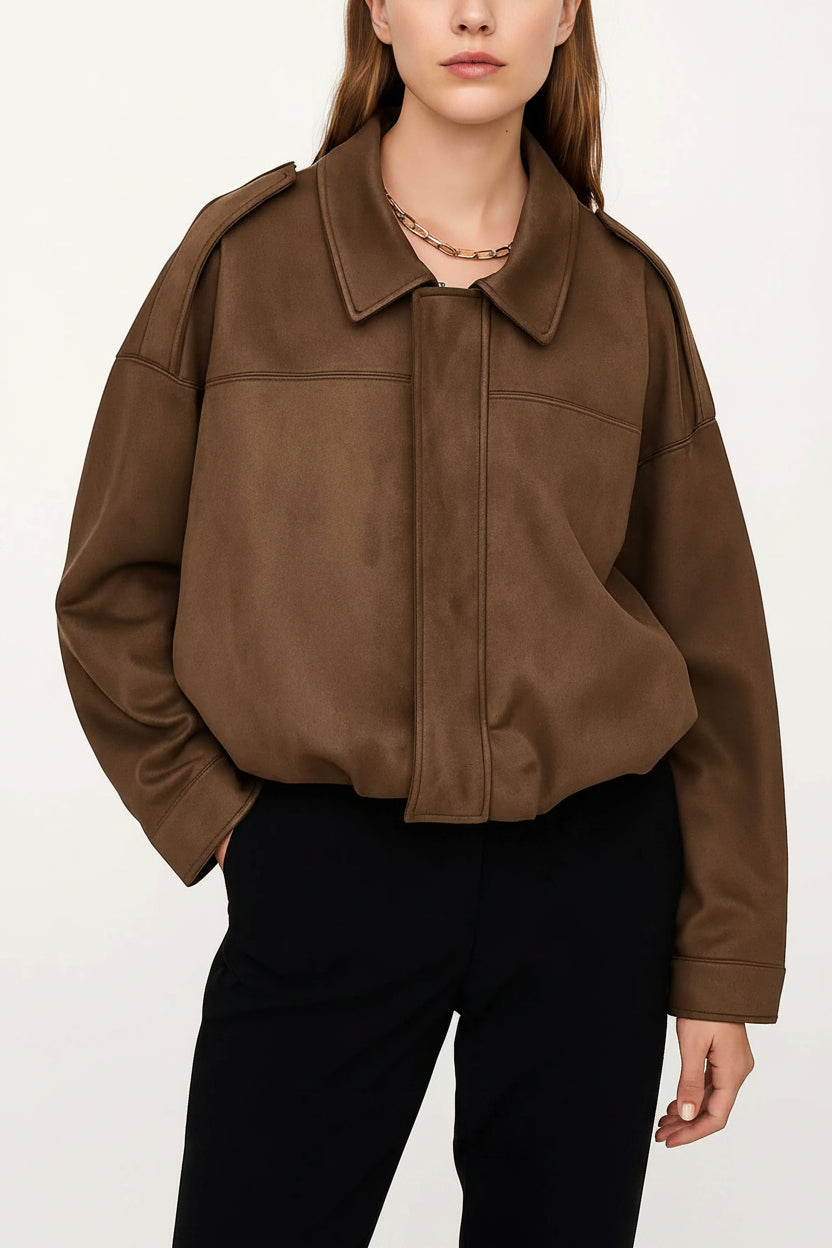 Faux Suede Bomber Jacket - Mocha
