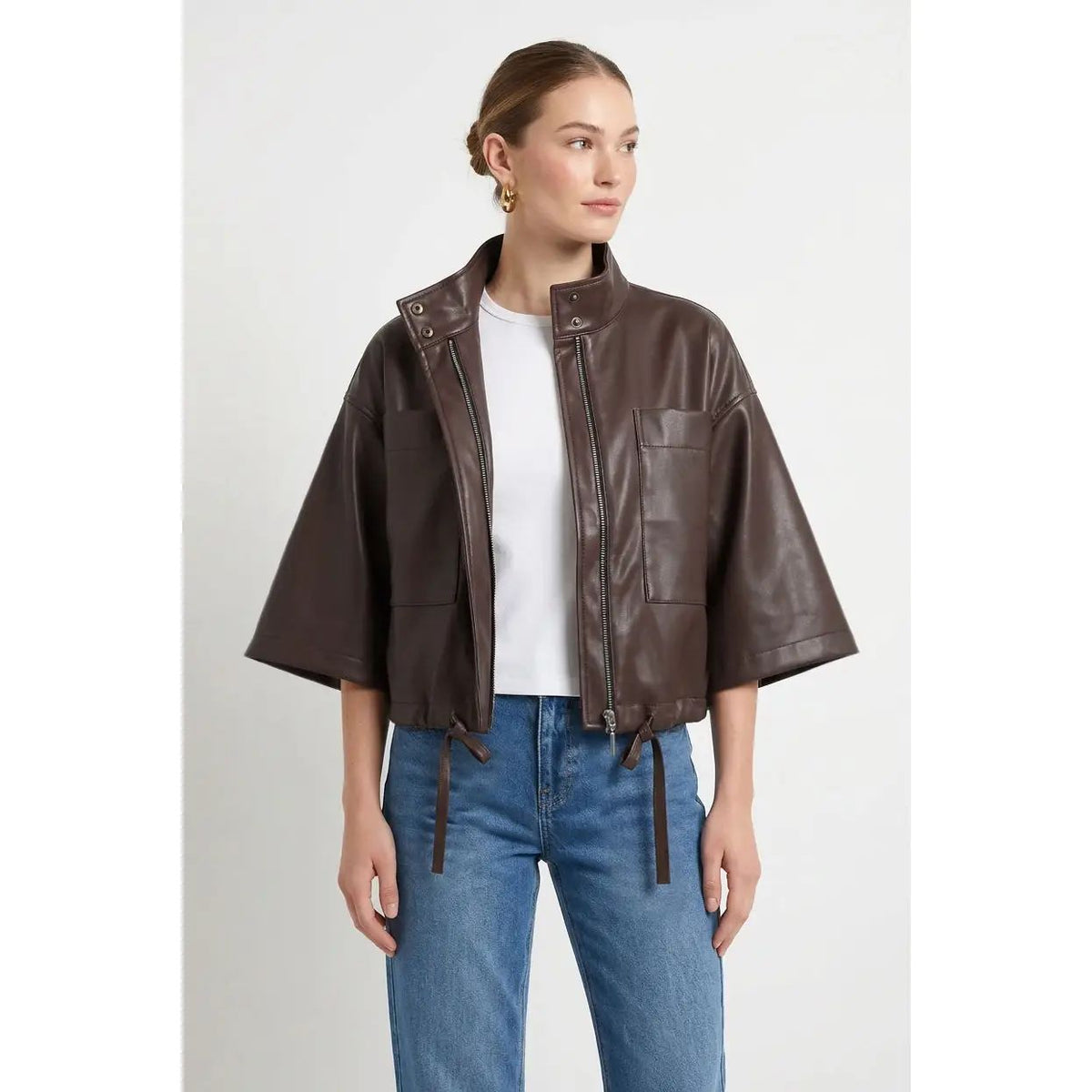 Drawstring Boxy Leather Jacket - Chocolate