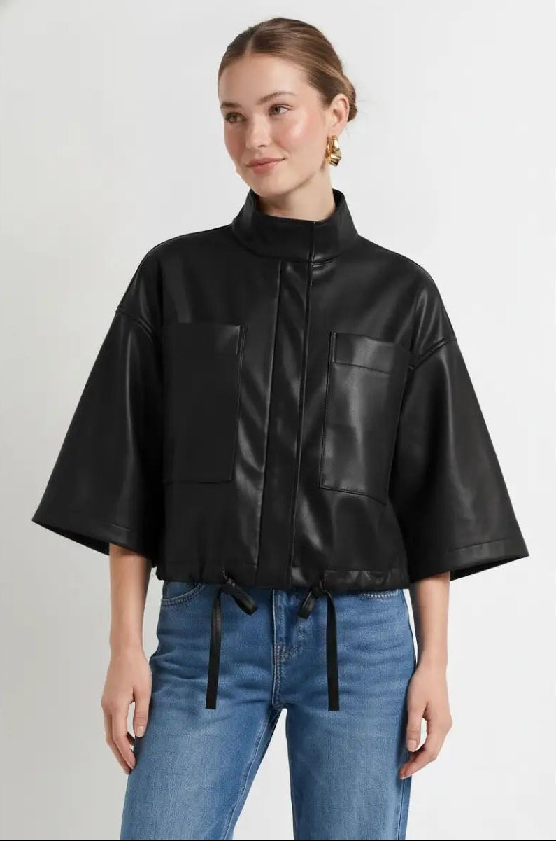 Drawstring Boxy Leather Jacket
