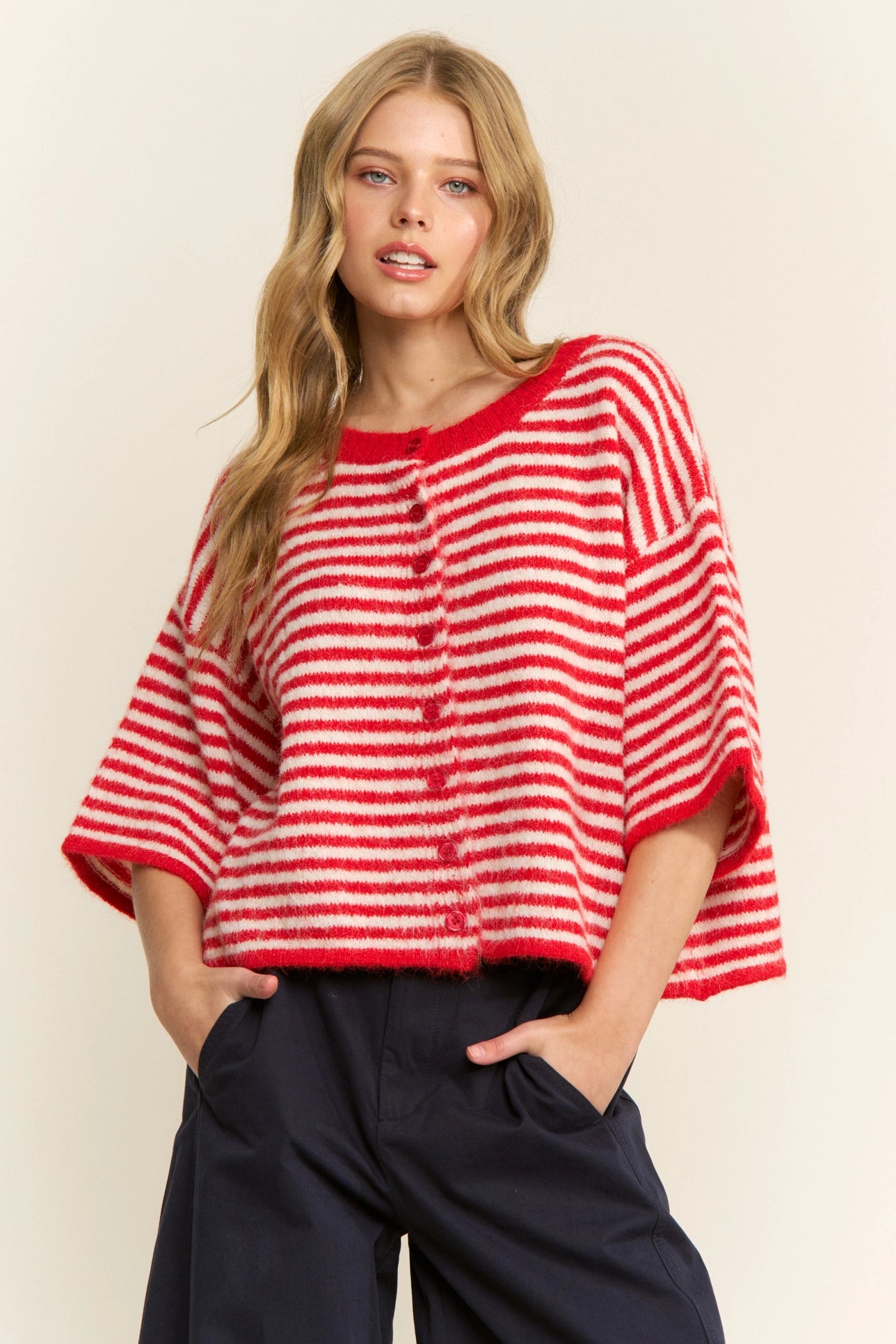 Olivia Striped Button Down Cardigan - Red