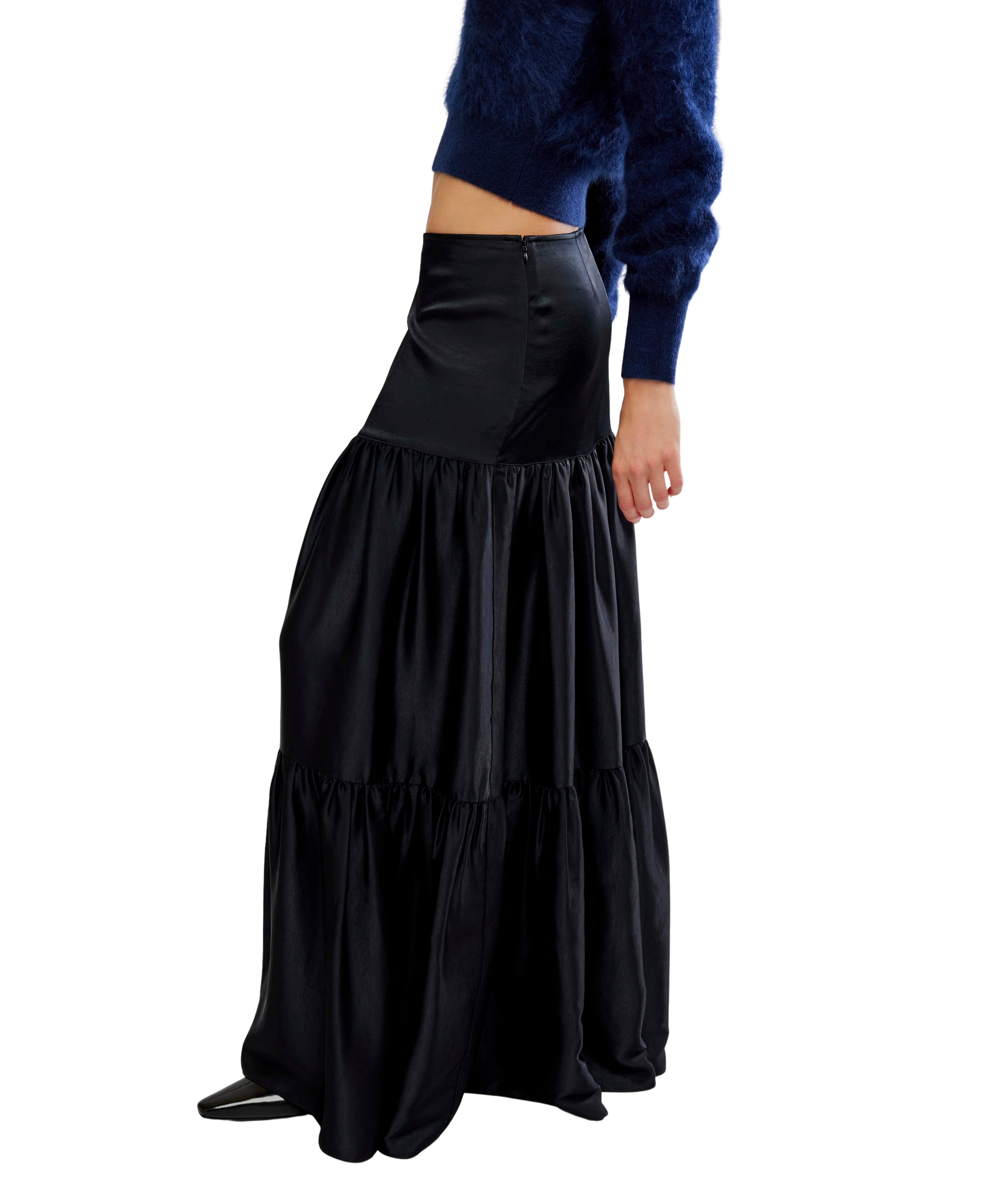 Free People - Juliette Satin Maxi Skirt - Black