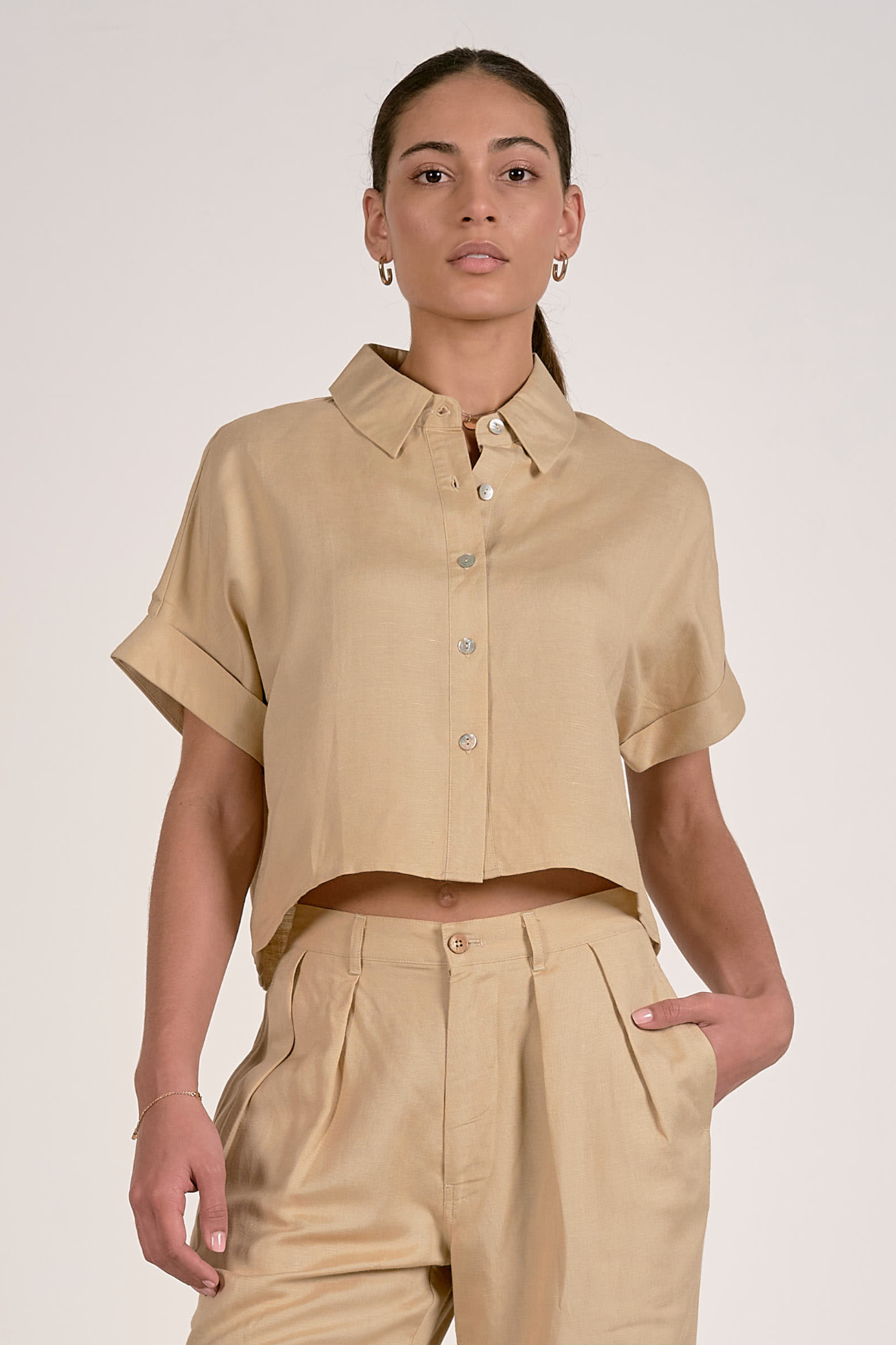 Annie Cropped Button Down - Oatmeal