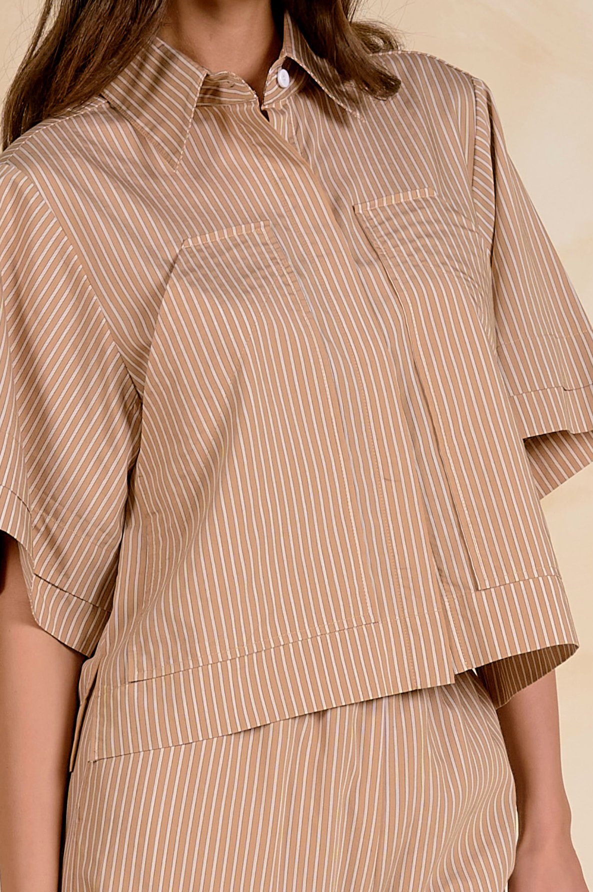 Pinstripe Cropped Button Down - Tan Stripe