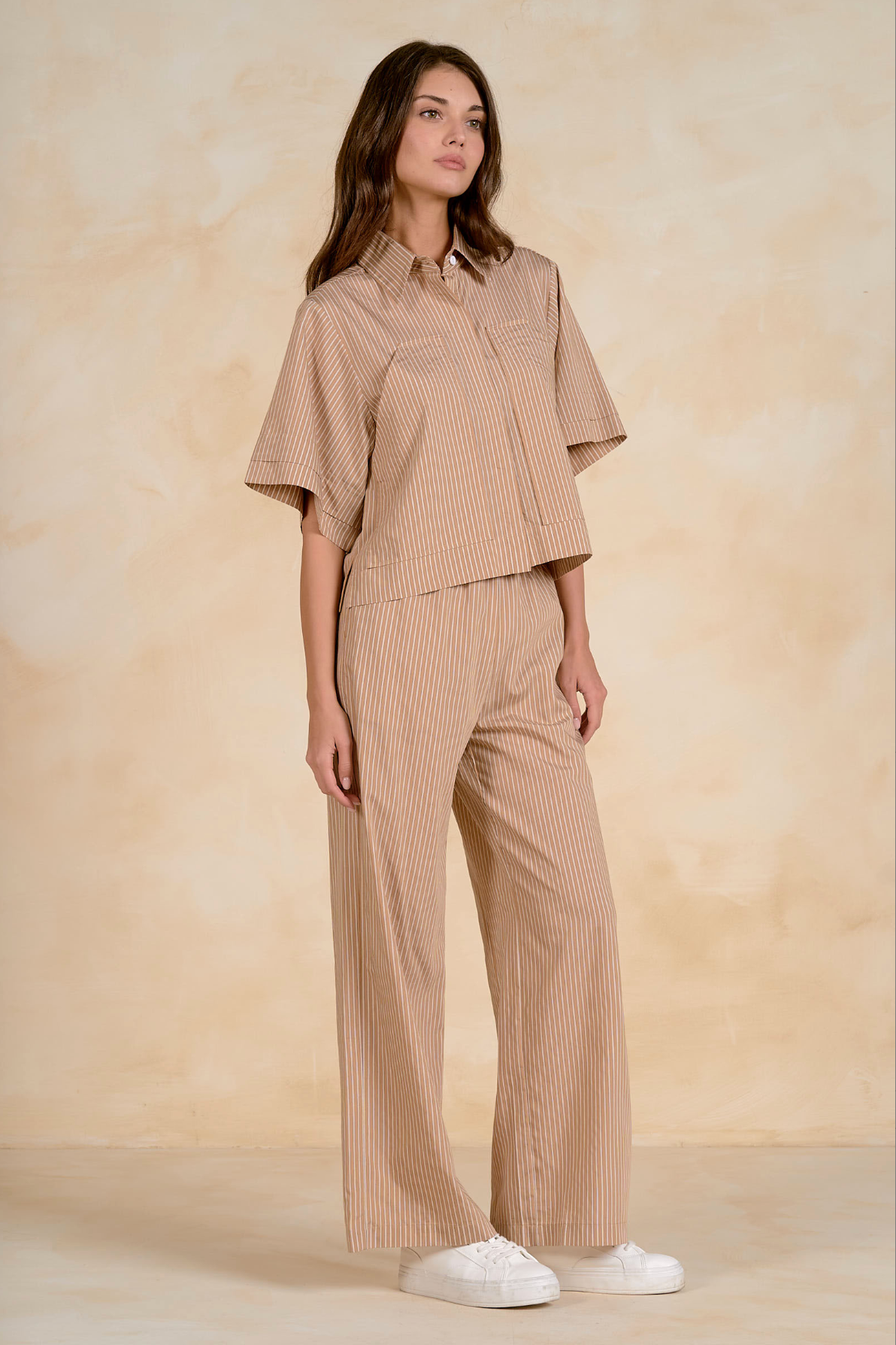 Pinstripe Cropped Button Down - Tan Stripe