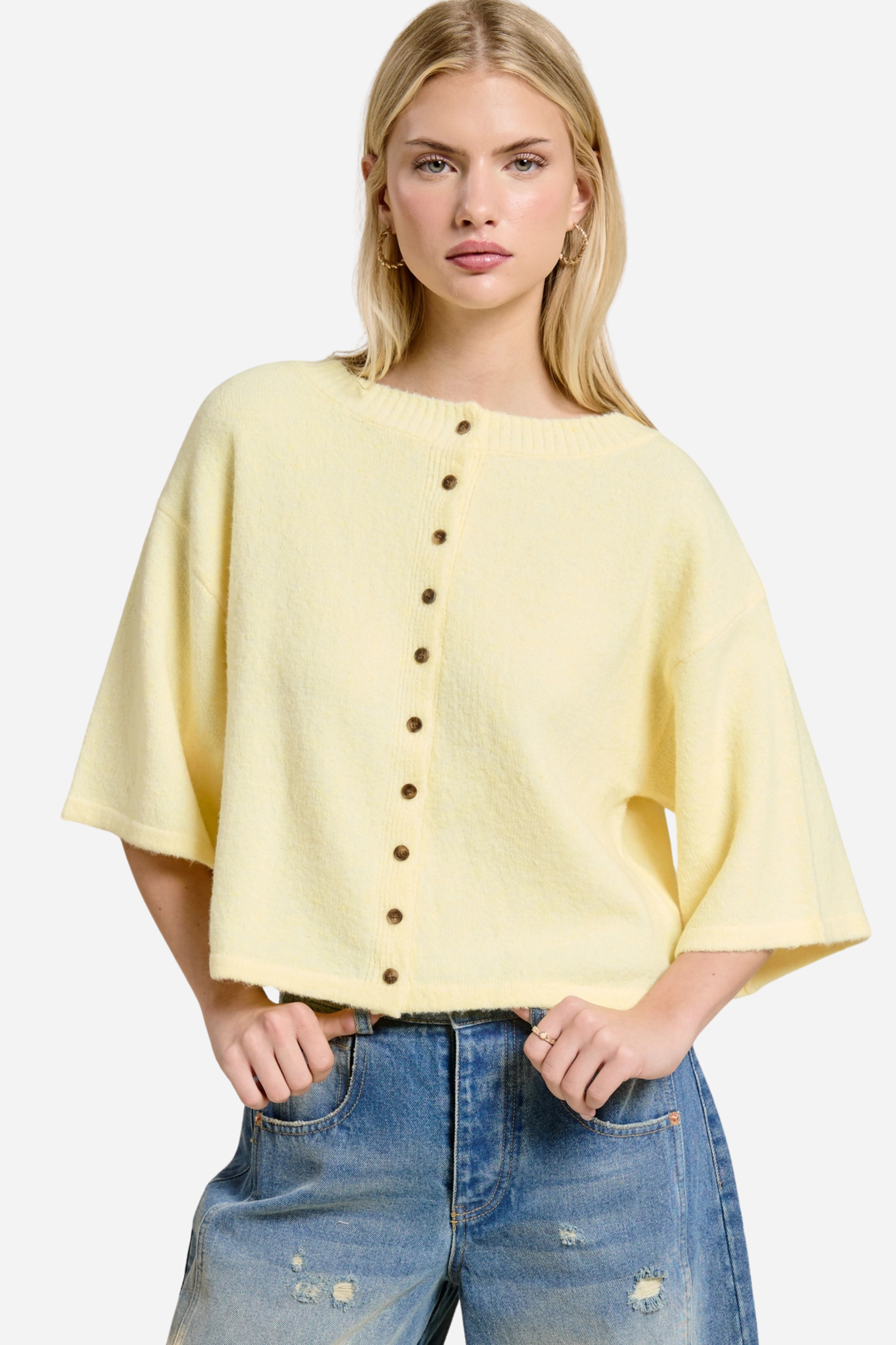 Short Sleeve Knit Cardigan - Butter Yellow