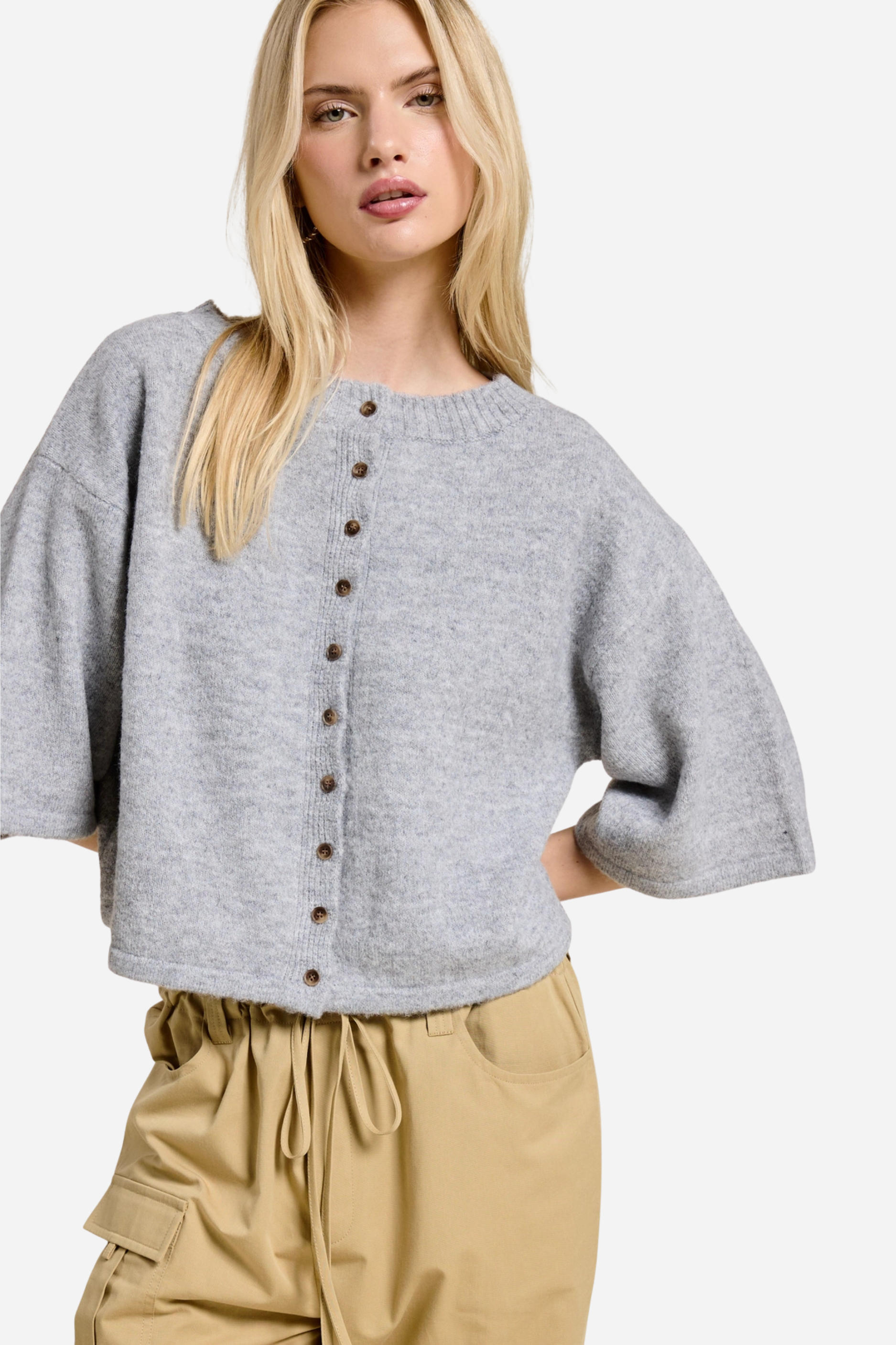 Short Sleeve Knit Cardigan - Grey
