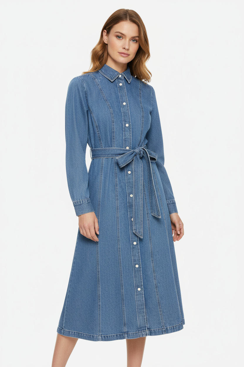 maong dress design ASOS DESIGN round neck denim maxi dress with button front opening in mid  blue