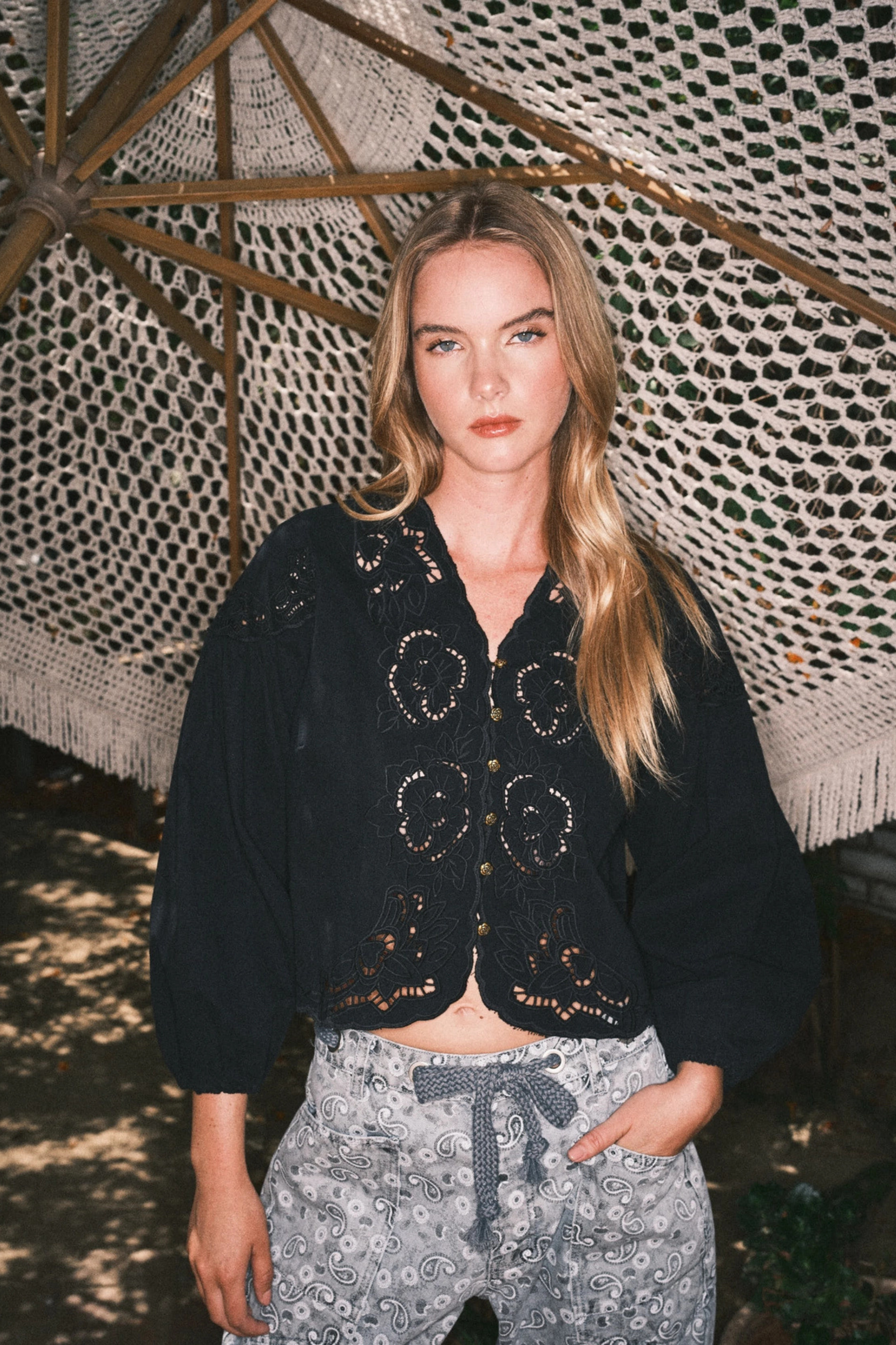 Denim Balloon Sleeve Top - Black