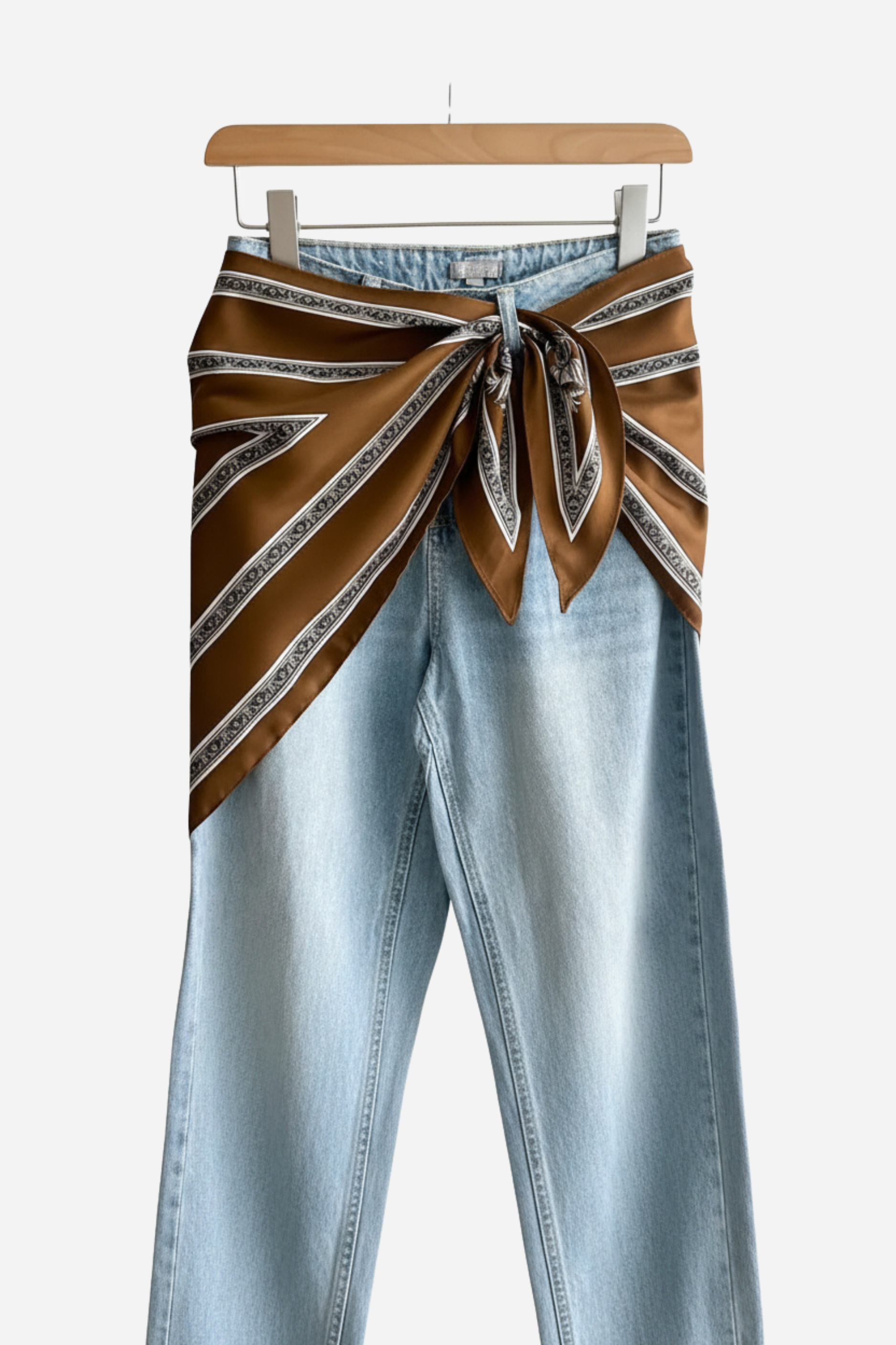 Striped Waist Belt Silky Scarf - Brown