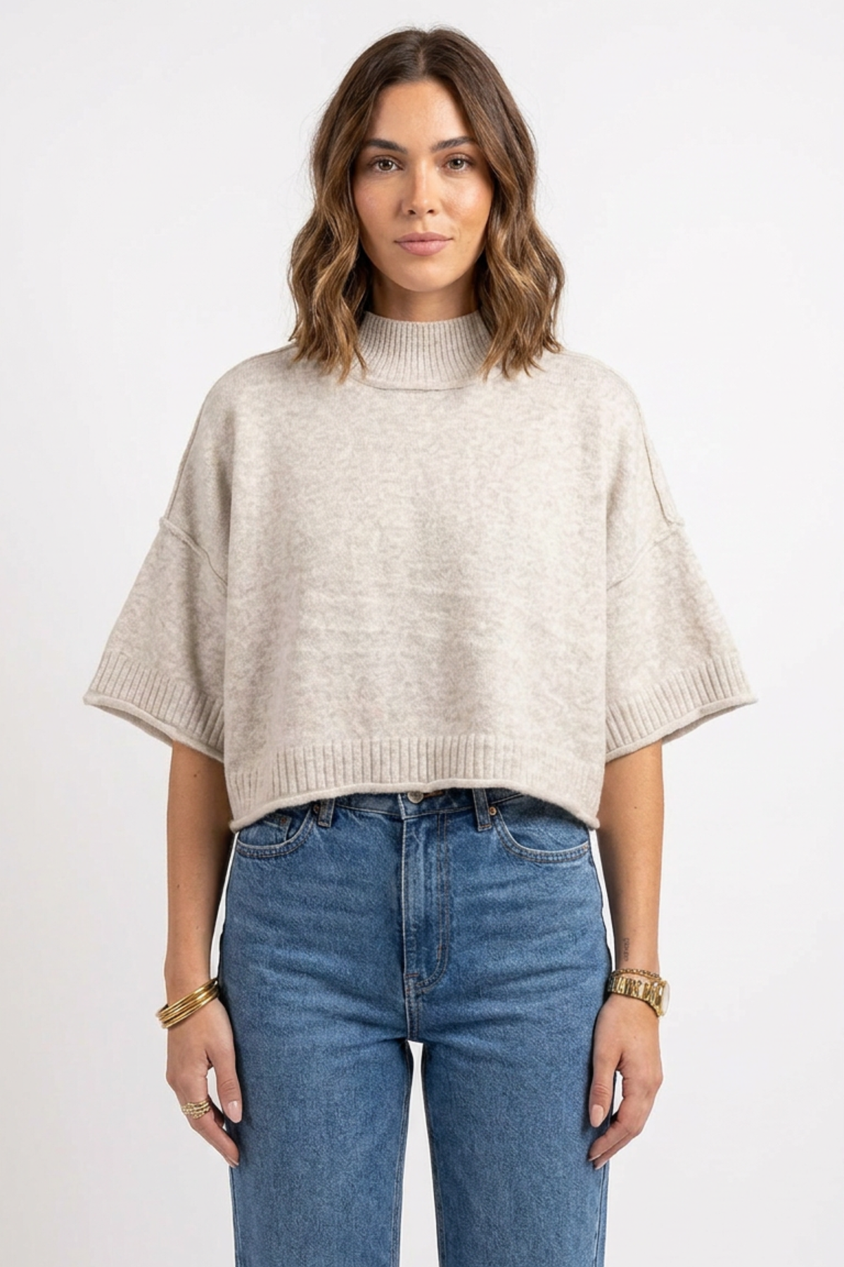 Cropped Knit Short Sleeve Sweater - Grey