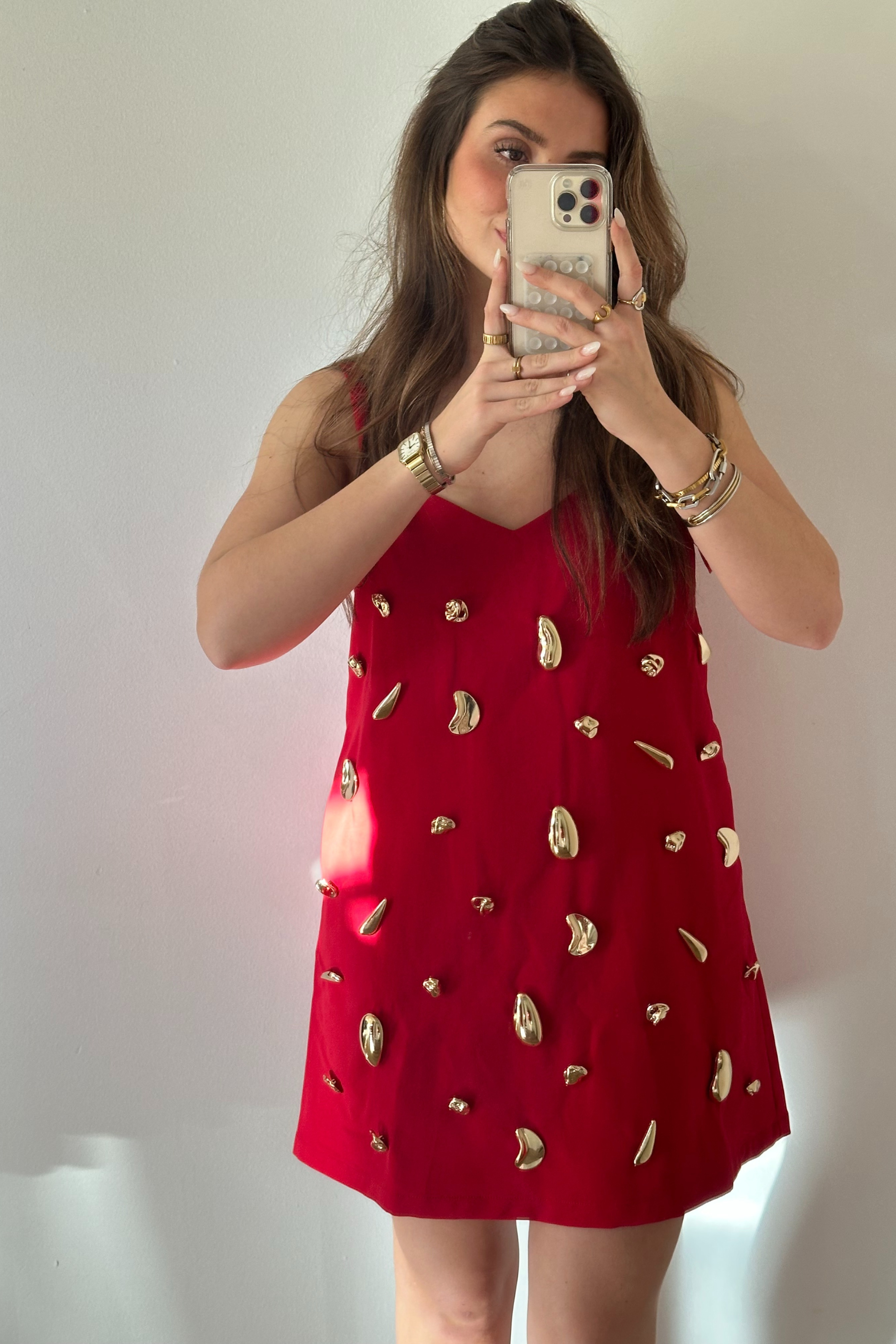 Metallic Embellished Mini Dress - Red