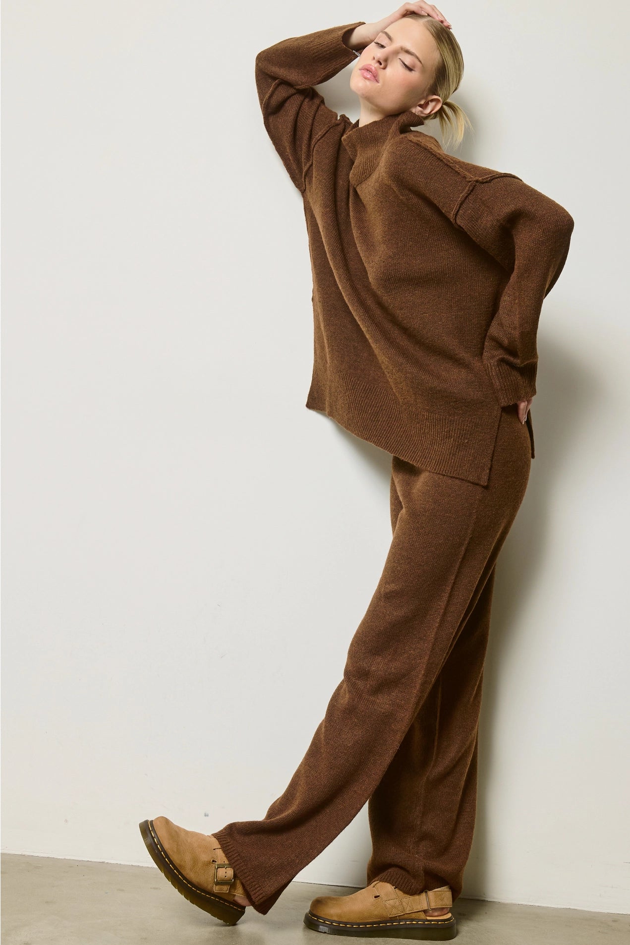 Mock Neck Knit Sweater Set - Chocolate
