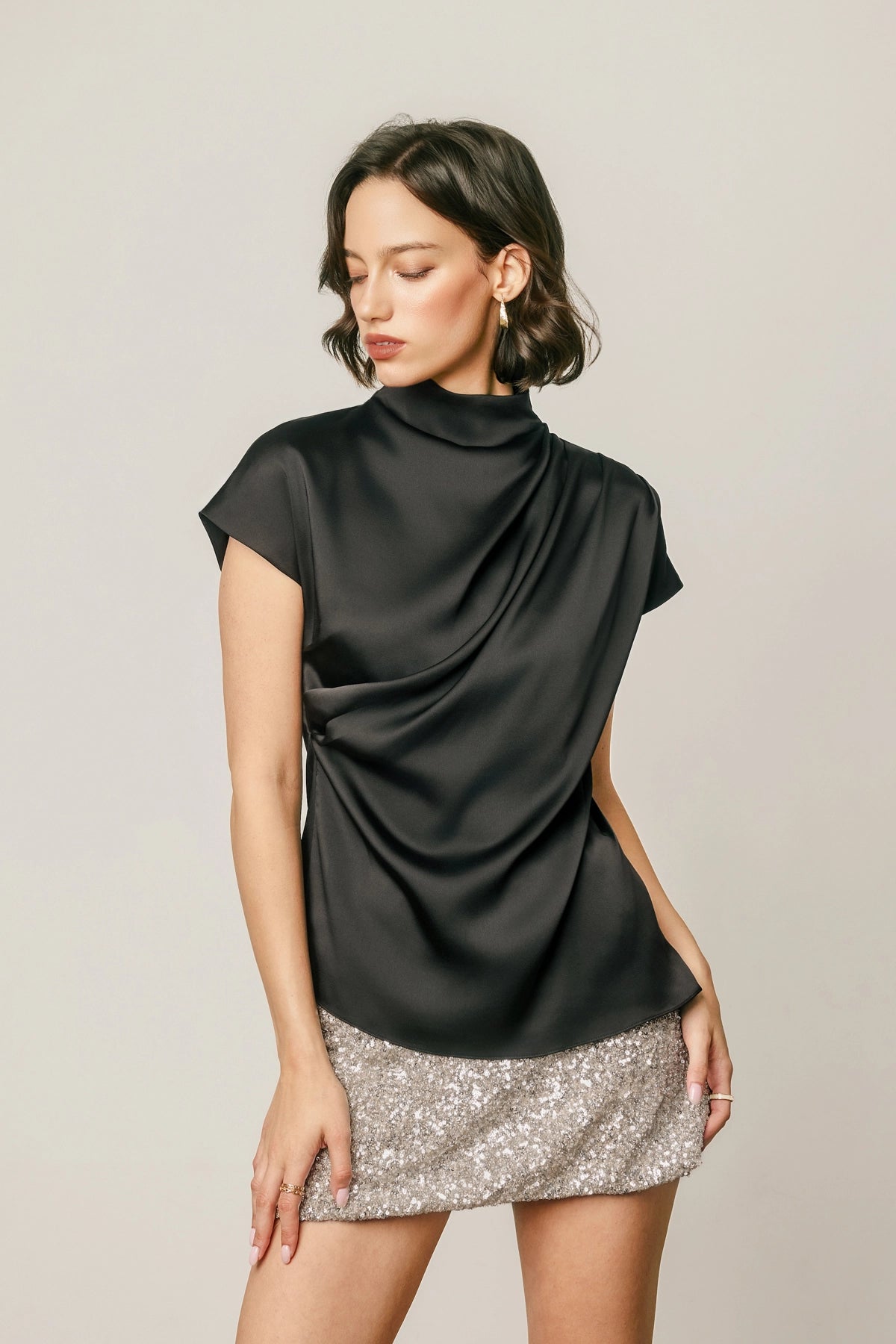 Draped Satin Mock Neck Blouse - Black