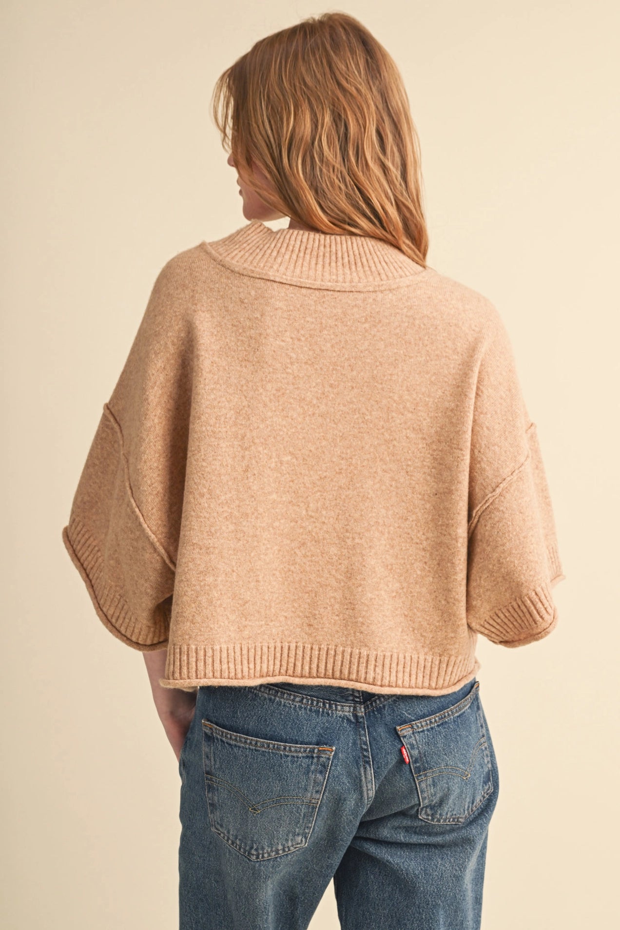 Cropped Knit Short Sleeve Sweater - Oat Beige