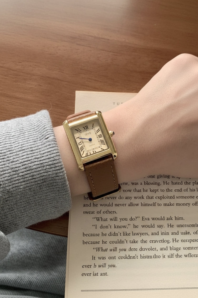 Leather Strap Square Watch - Brown