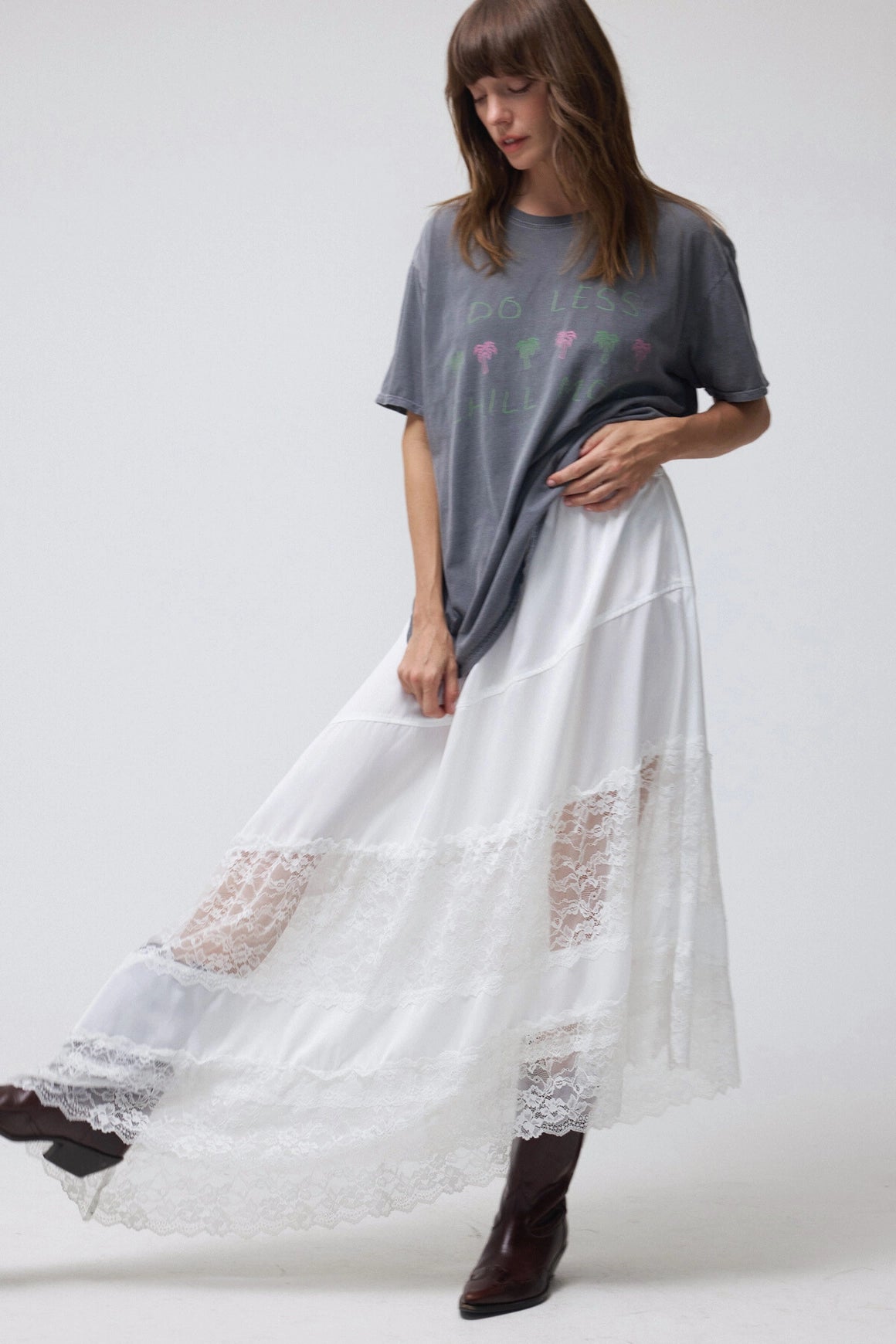 Asymmetrical Lace Satin Midi Skirt