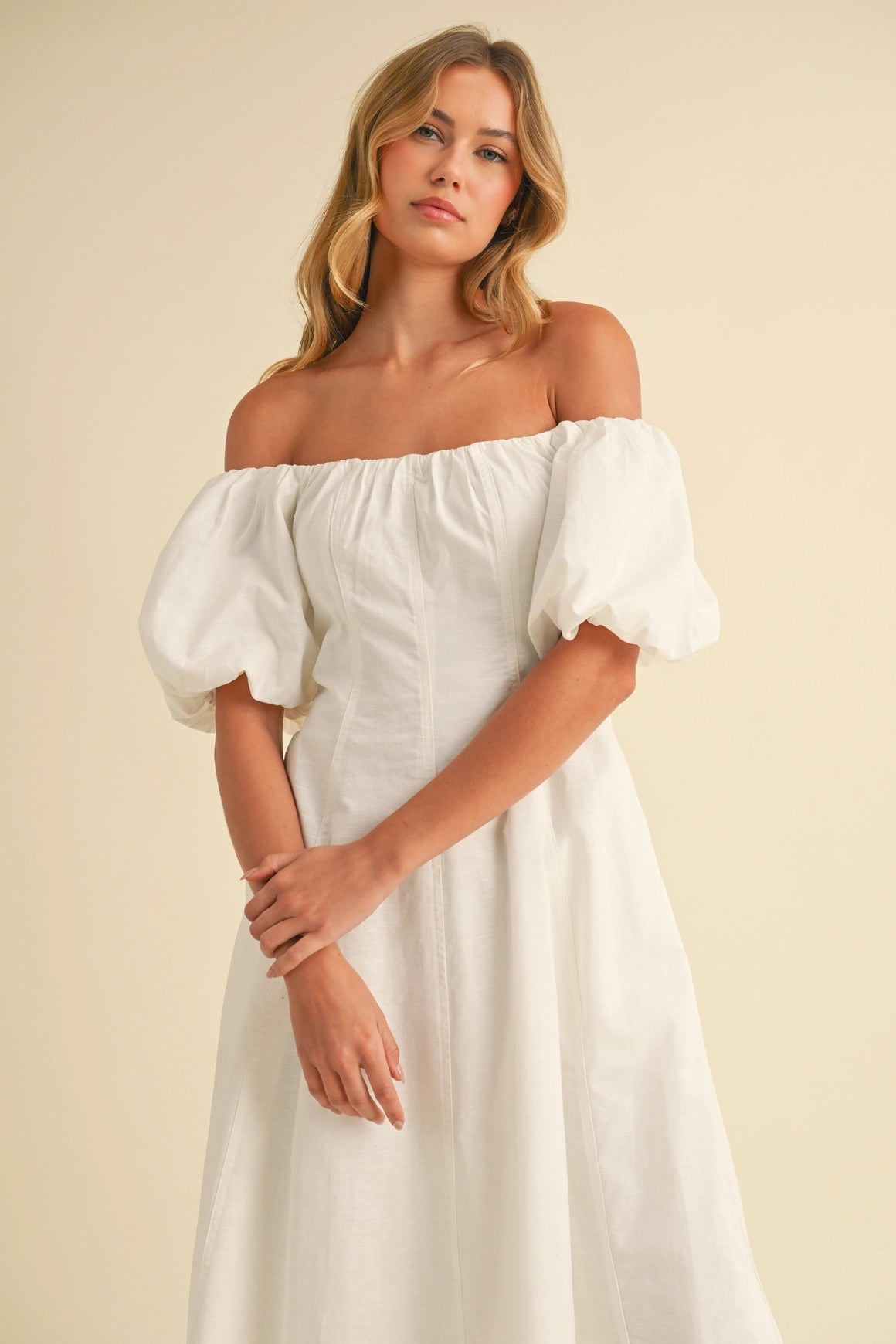 Off Shoulder A-Line Midi Dress - White