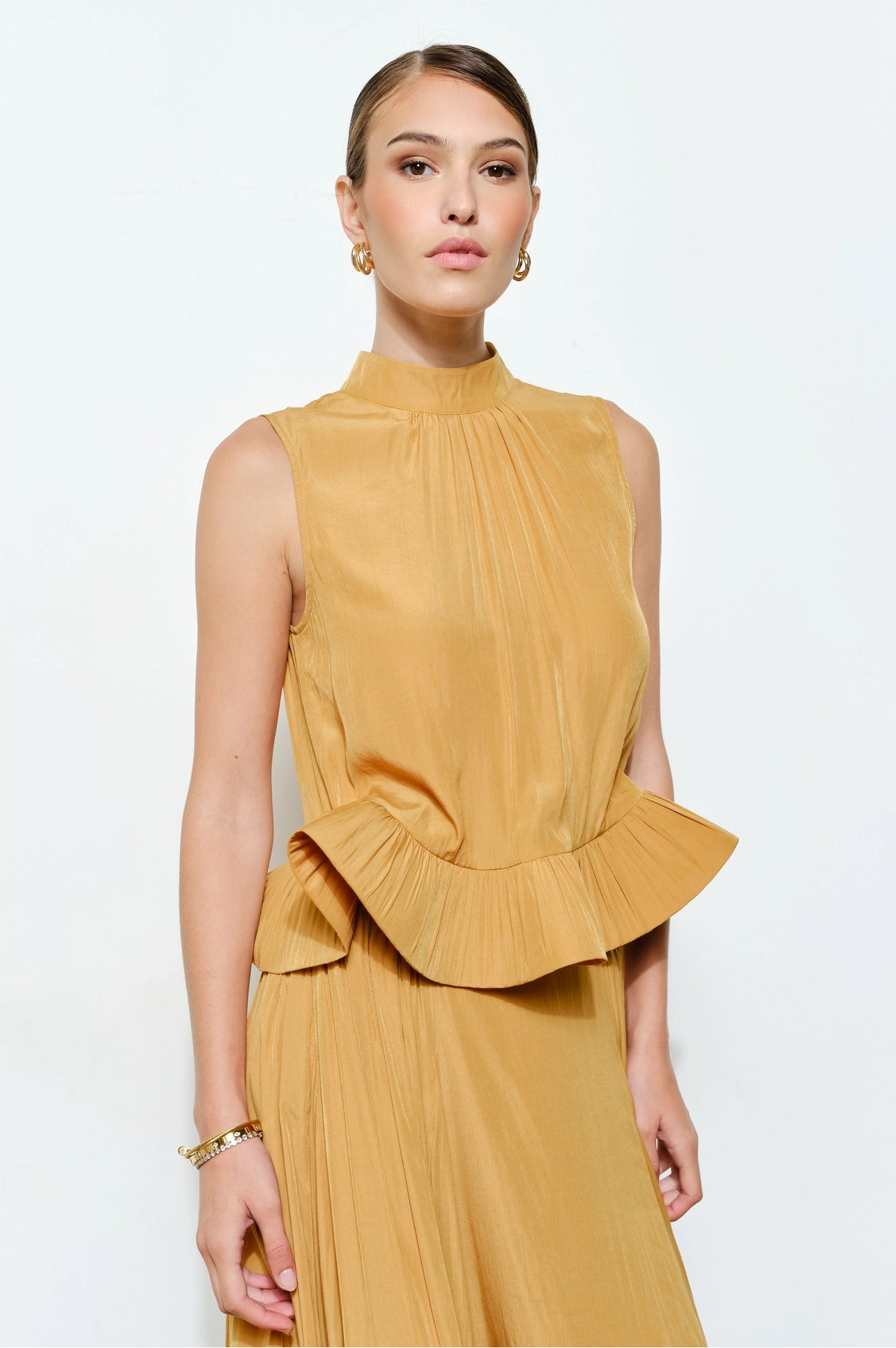 Ruffled Peplum High Neck Top - Mustard