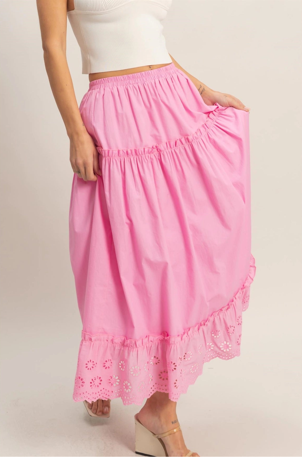 Tiered Eyelet Maxi Skirt - Pink