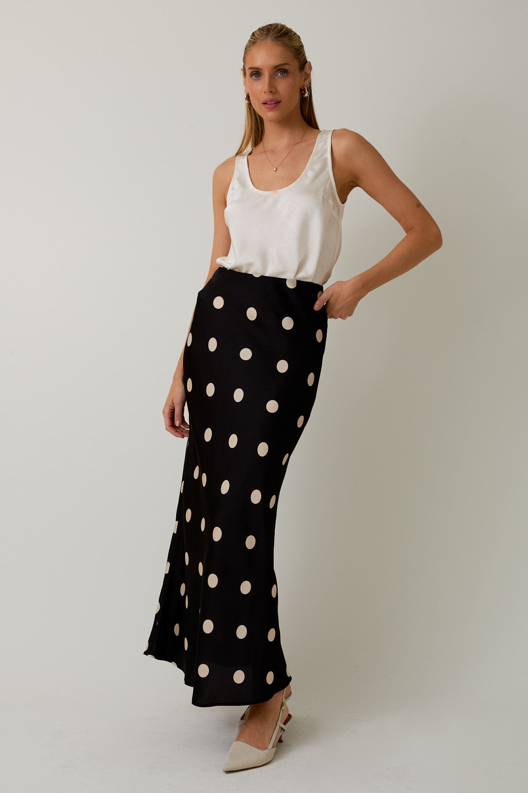 Polka Dot Satin Midi Skirt - Black