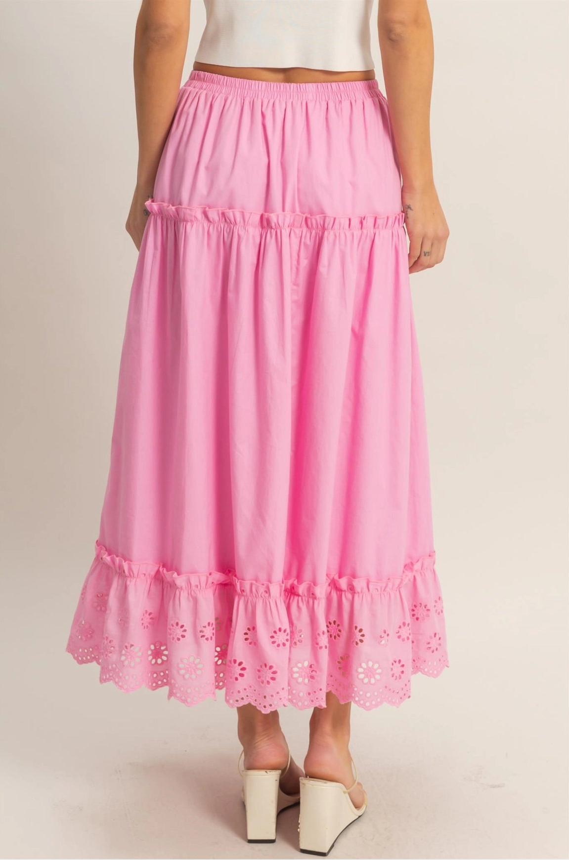 Tiered Eyelet Maxi Skirt - Pink