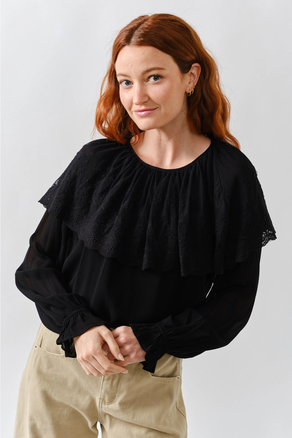 Lace Cape Blouse Top - Black