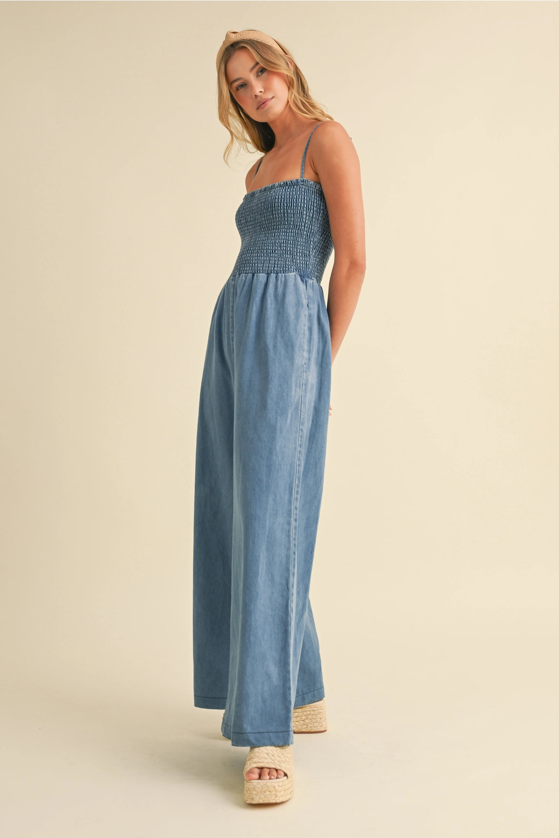 Becca Smocked Denim Jumpsuit