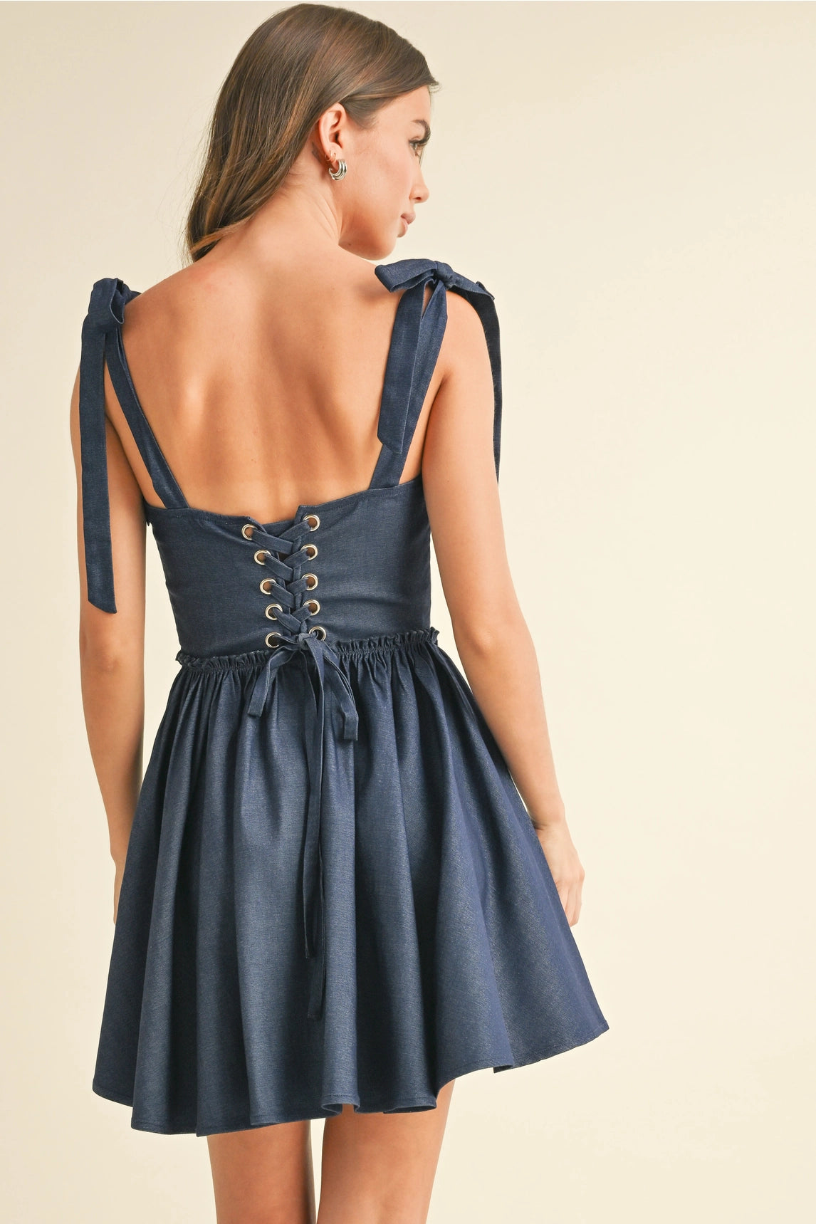 Lace Up Flared Mini Dress - Dark Blue