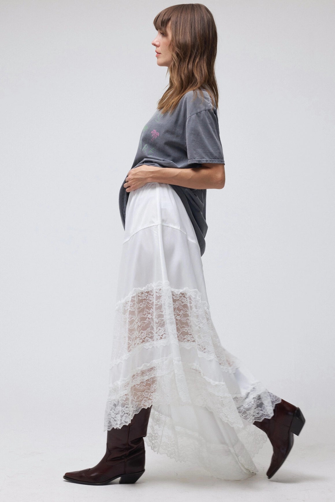 Asymmetrical Lace Satin Midi Skirt