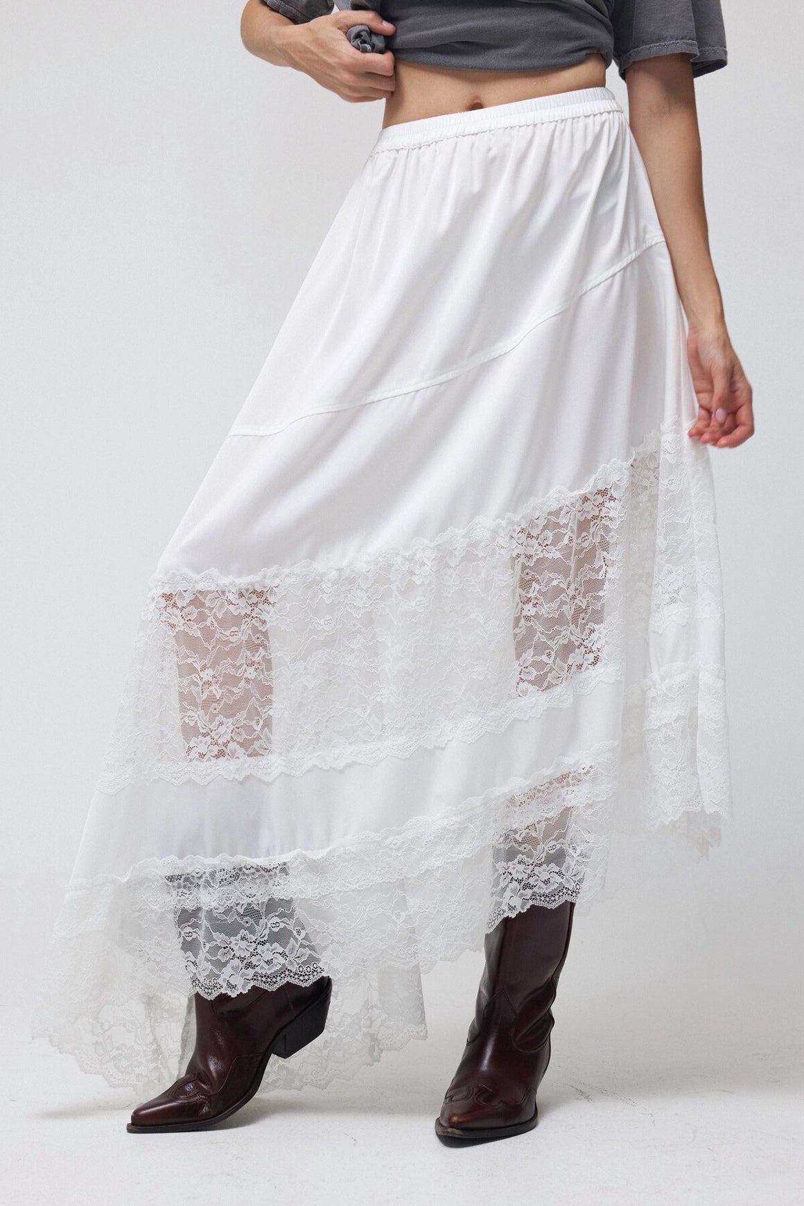 Asymmetrical Lace Satin Midi Skirt
