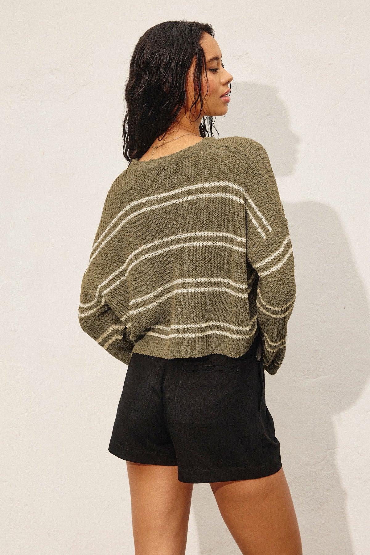 Double Stripe Knit Sweater - Olive