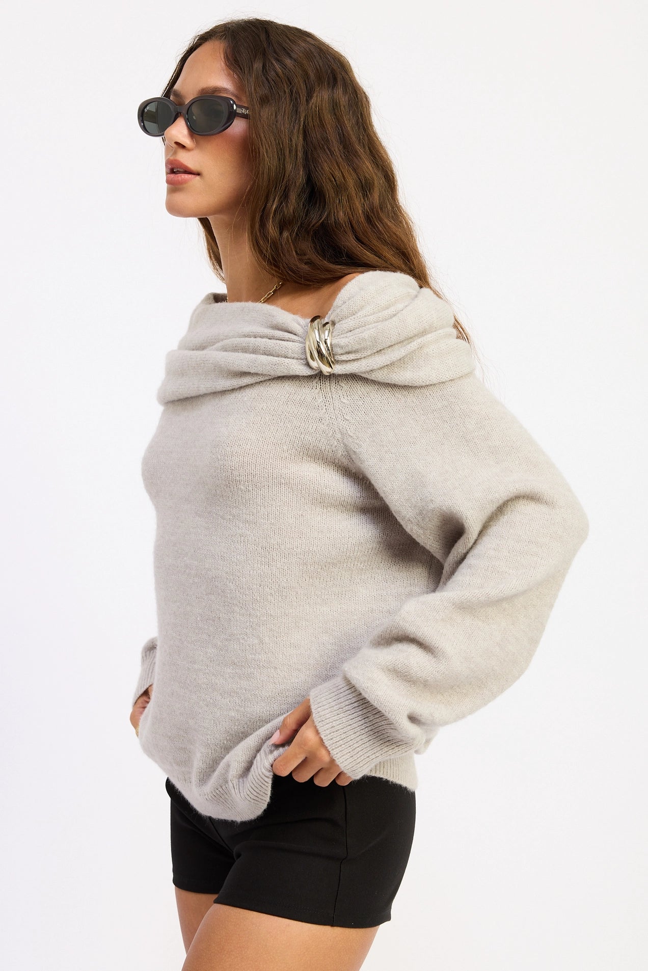 Off Shoulder Bubble Hem Sweater - Grey